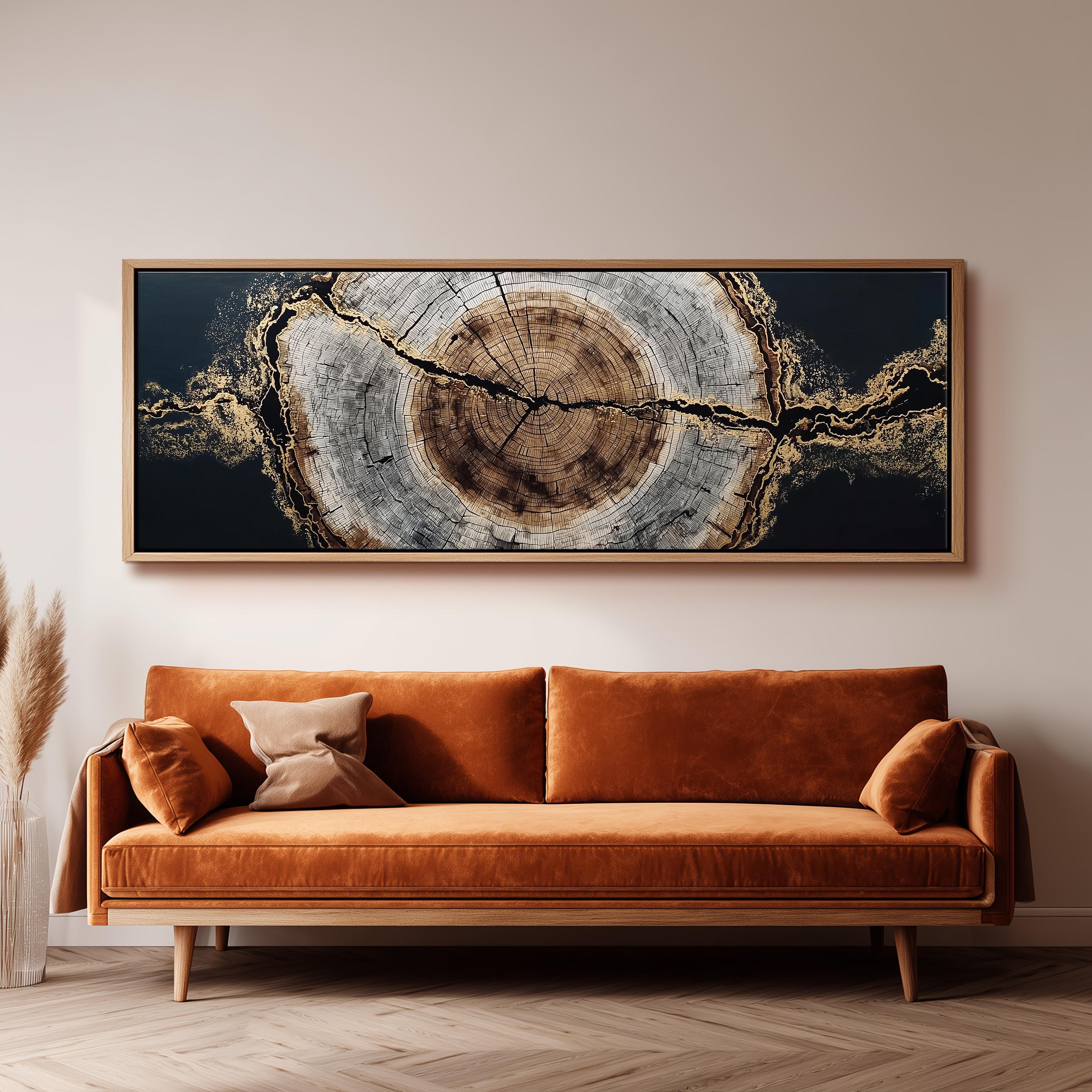 a large, framed artwork hanging on a wall above a brown sofa with orange cushions.