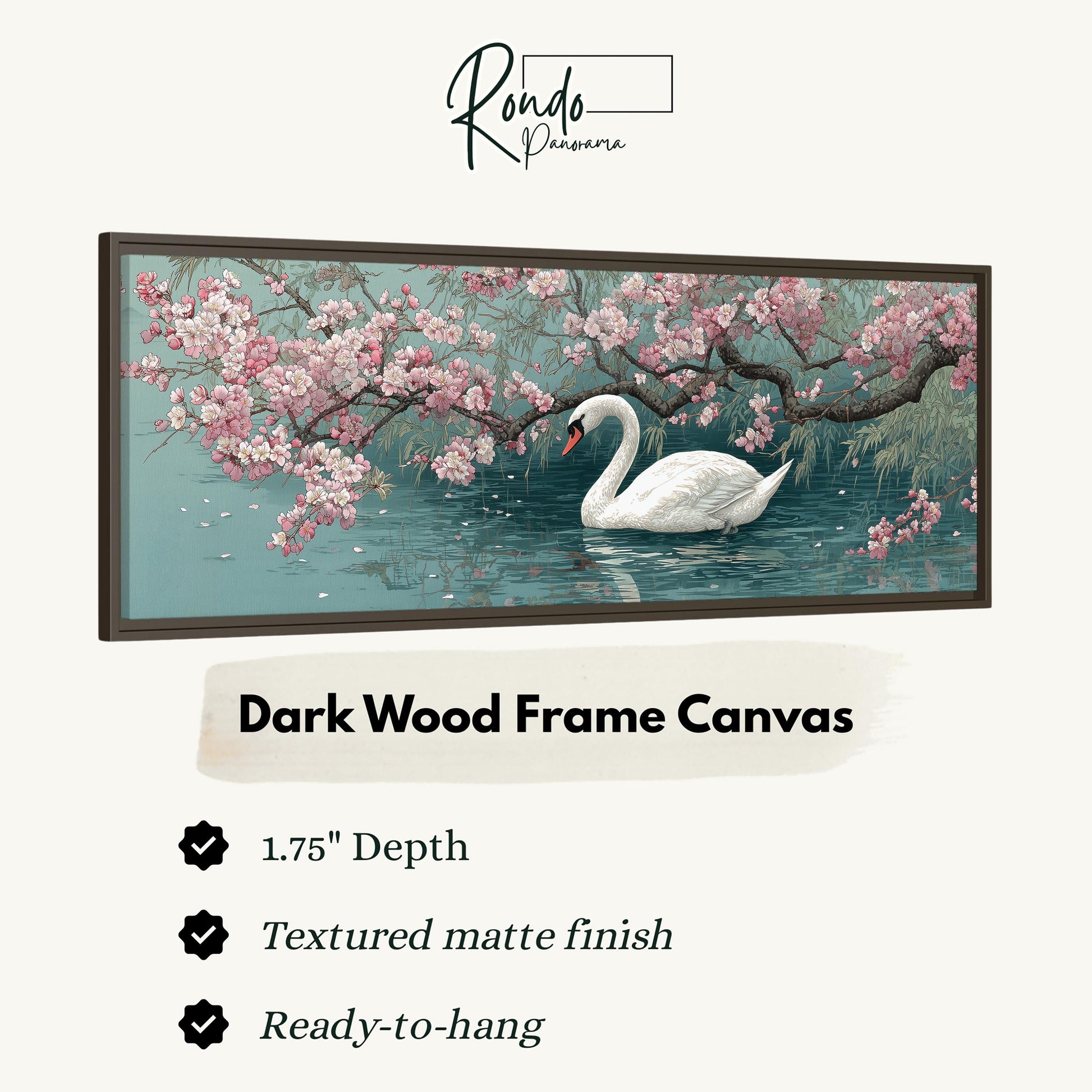A framed painting of a swan swimming in a pond with pink flowers and branches.