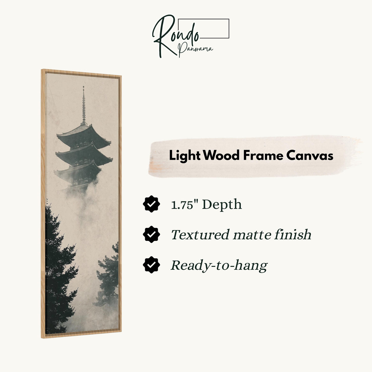 Pagoda rising through fog and pines canvas print in a light wood floating frame