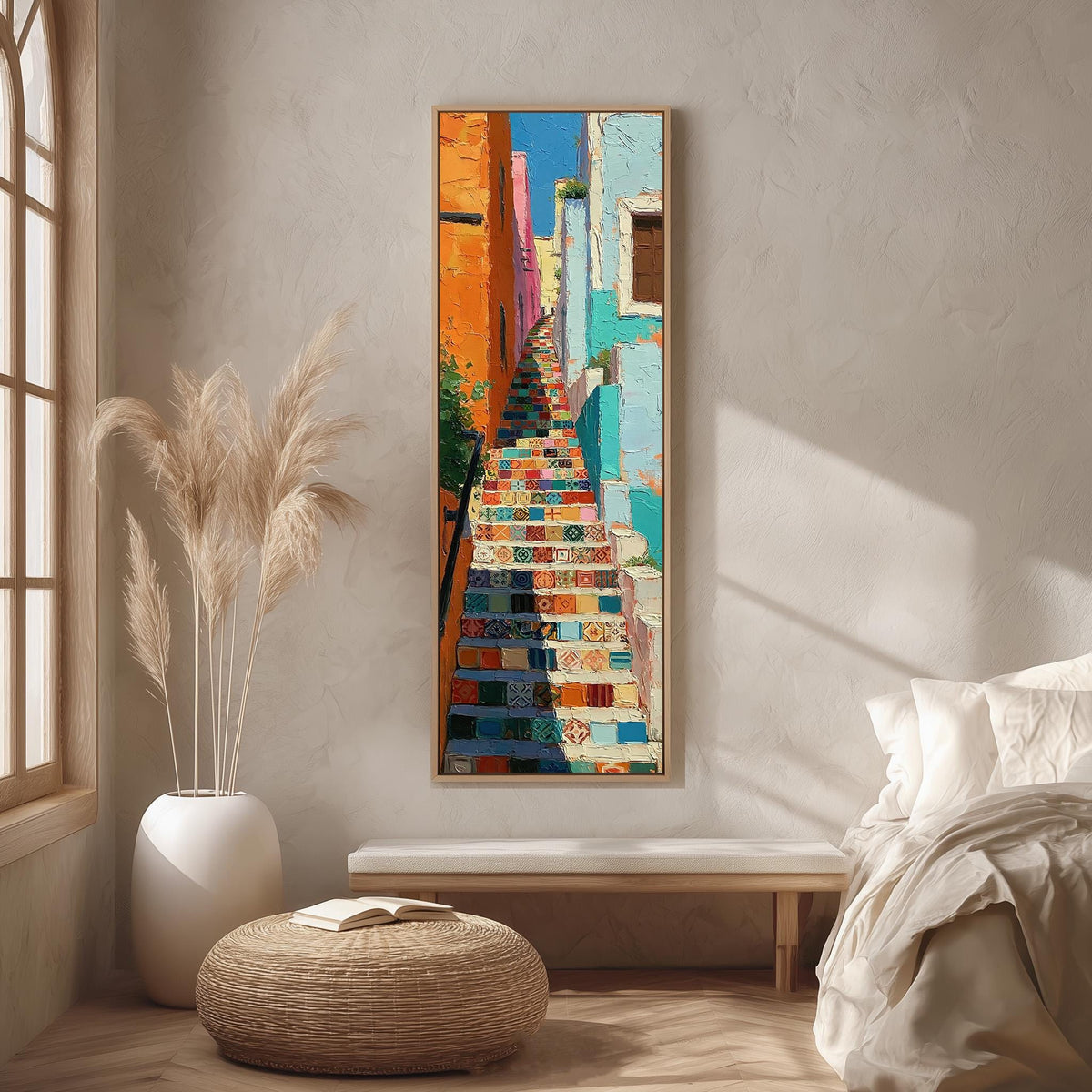 Rainbow tiled staircase in a narrow alley long vertical canvas print in a bright reading corner