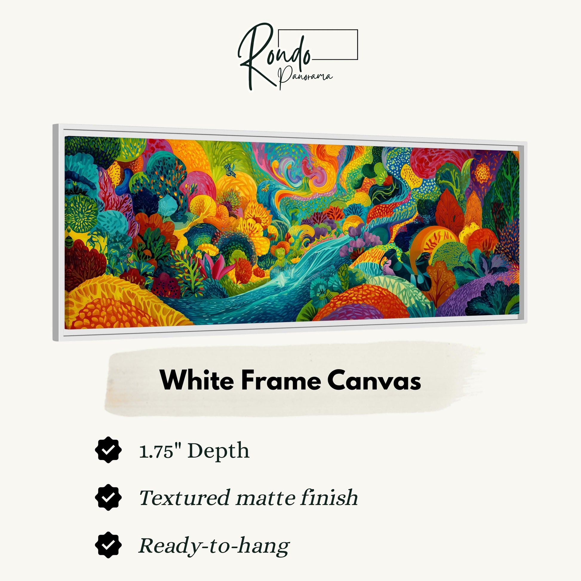 The image is a vibrant, colorful painting with a variety of shapes, patterns, and textures. It is a white frame canvas with a 1.75" depth, a textured matte finish, and is ready to hang.