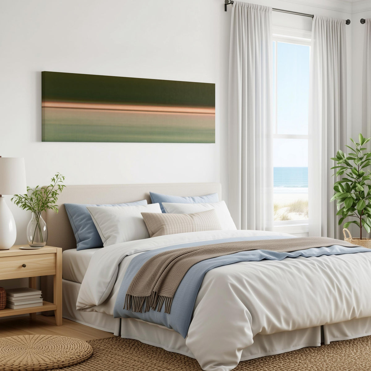 Minimalist dusk horizon gradient panoramic canvas print above a bed in a coastal bedroom