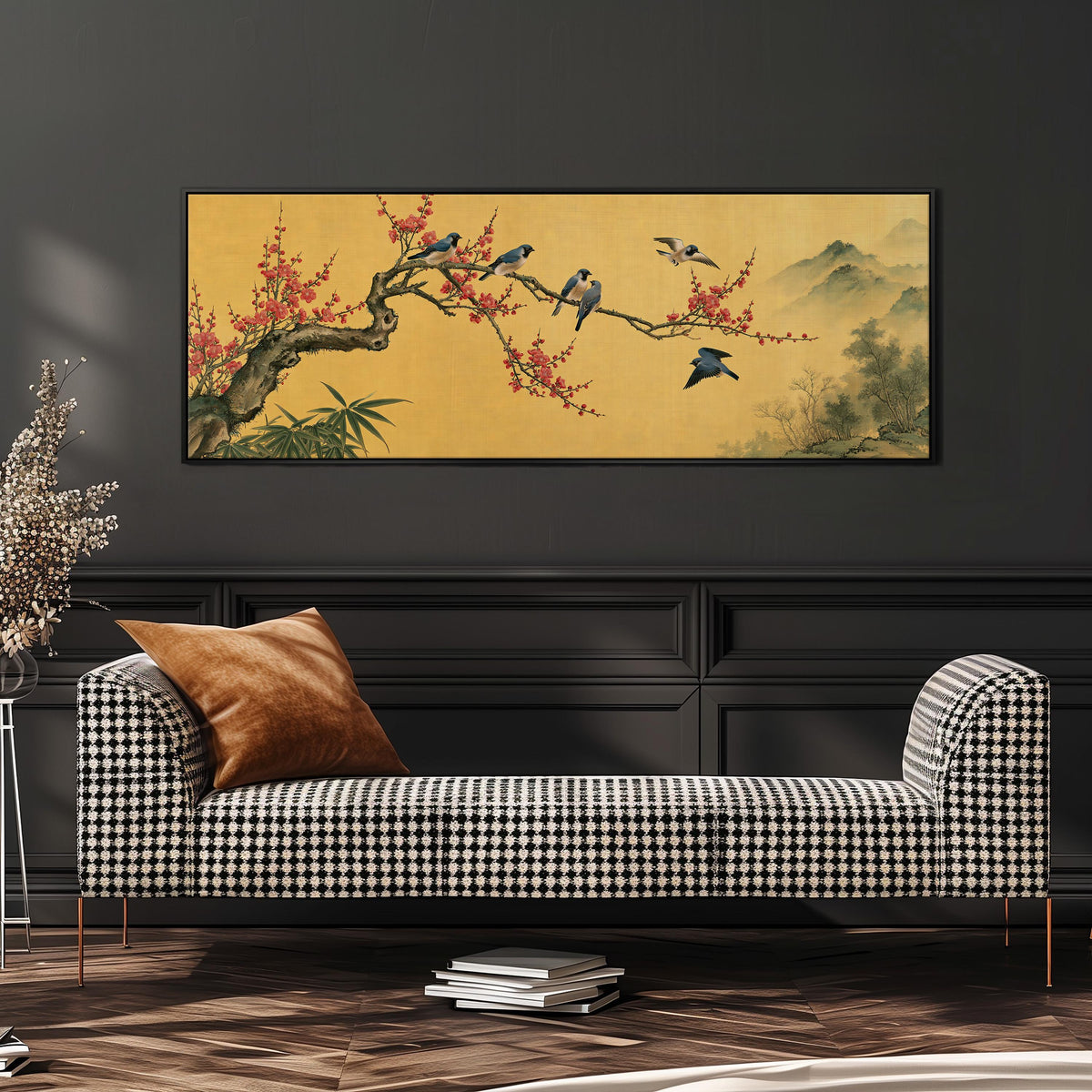 Birds on a plum blossom branch on gold wide panoramic canvas print above a bench in a dark living room