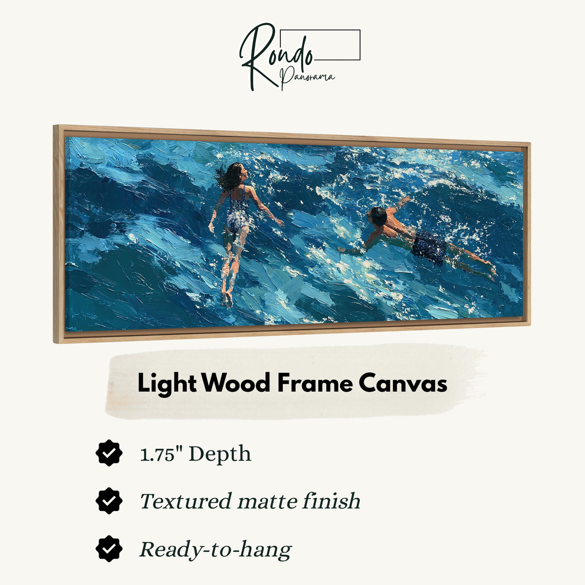 Two swimmers in turquoise waves canvas print in a light wood floating frame