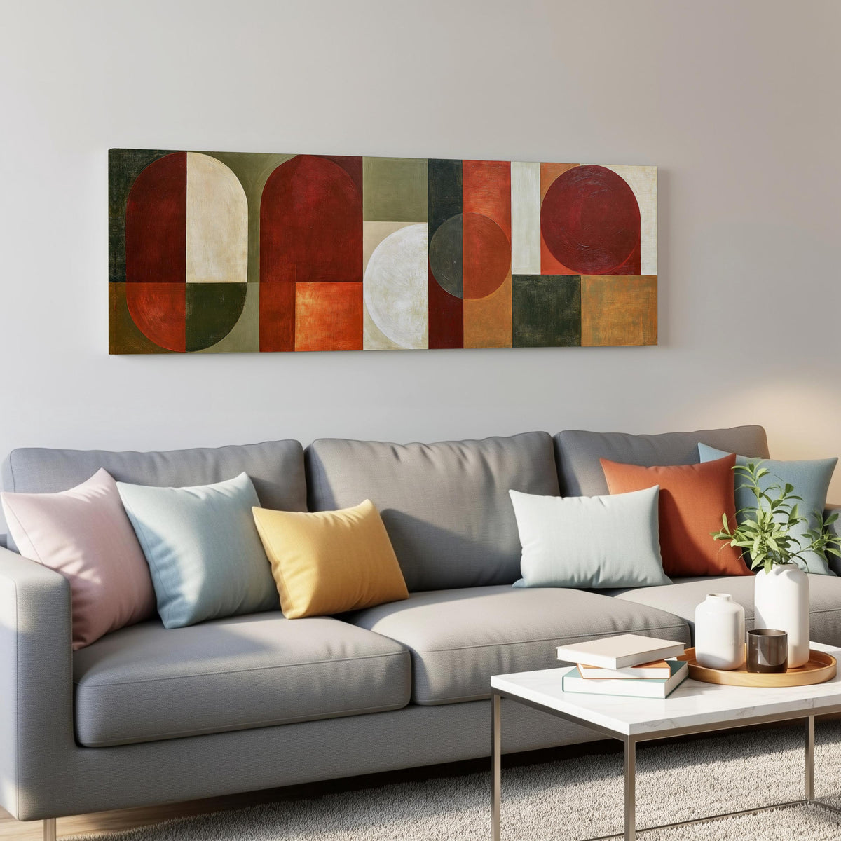 Maroon and olive geometric arches panoramic canvas print above a grey sofa in a living room