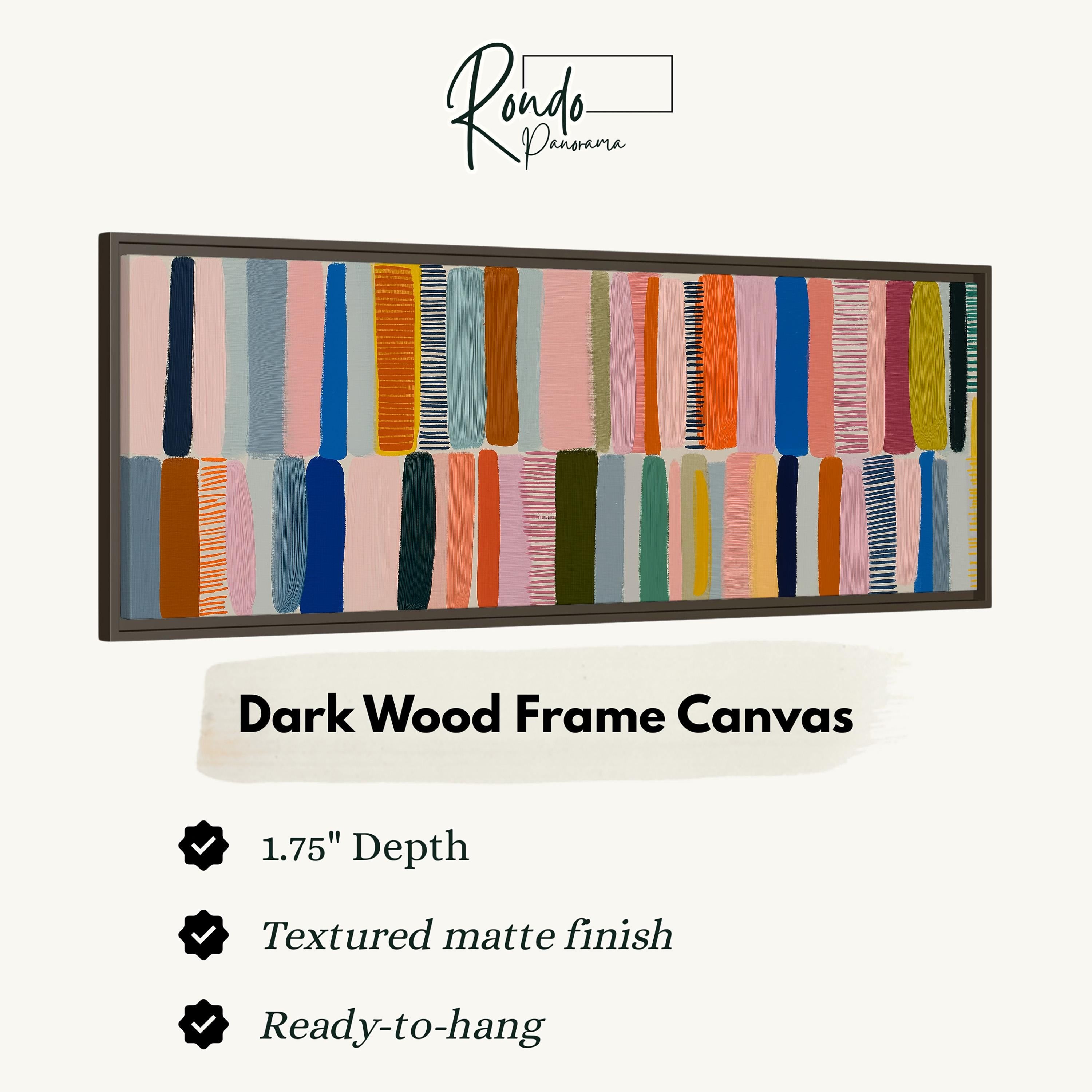 The image is a product advertisement for a dark wood frame canvas. It features a colorful abstract painting with vertical lines in various shades of pink, blue, green, and orange. The advertisement highlights the canvas's 1.75" depth, textured matte finish, and ready-to-hang feature.