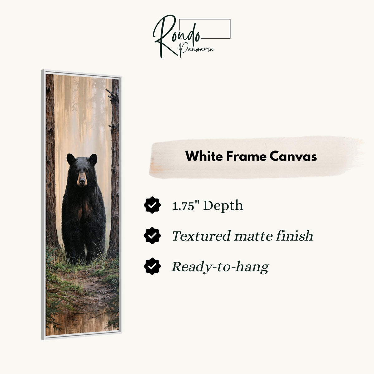 Black bear standing in a foggy forest canvas print in a white floating frame