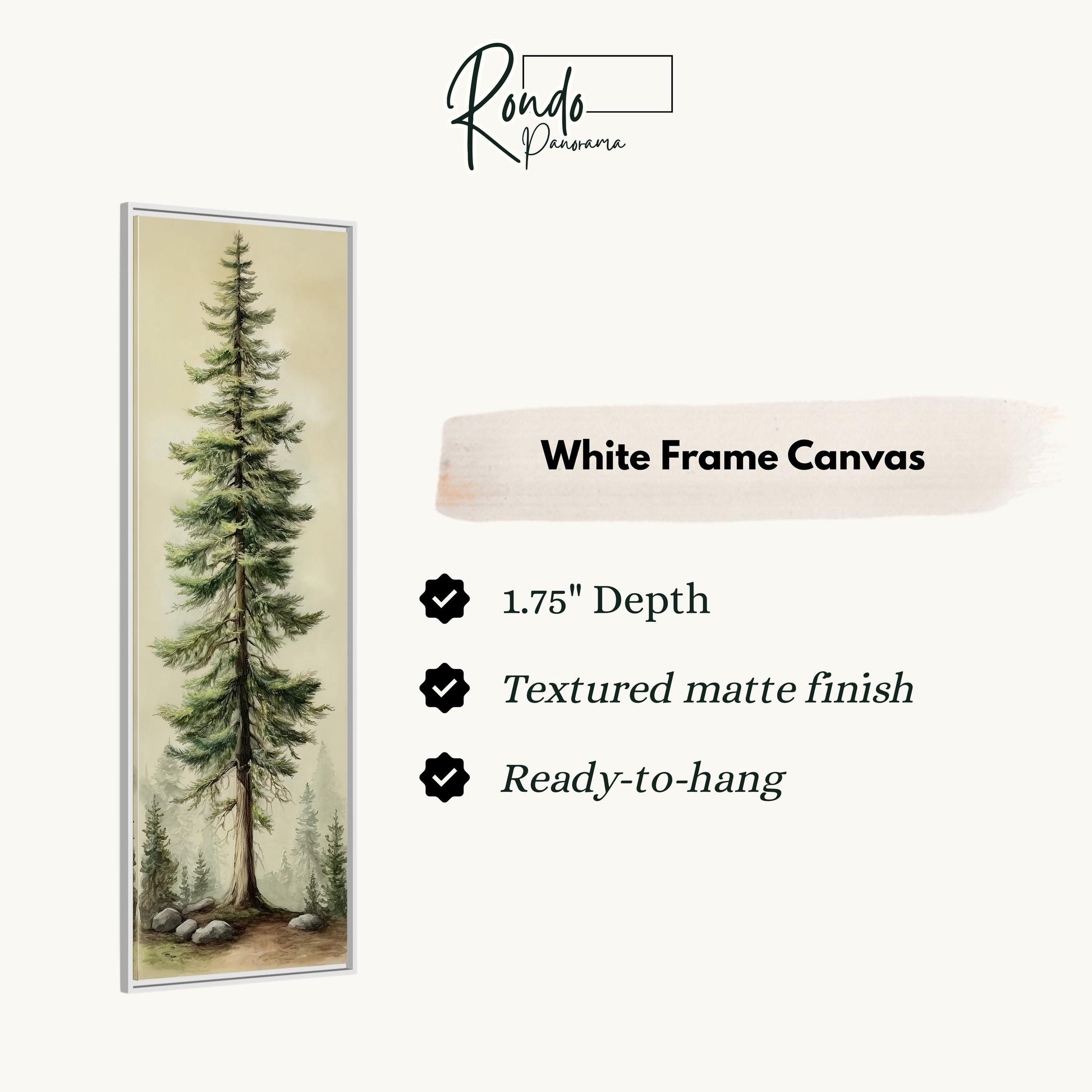 The image is a white frame canvas depicting a tall pine tree with a forest scene.