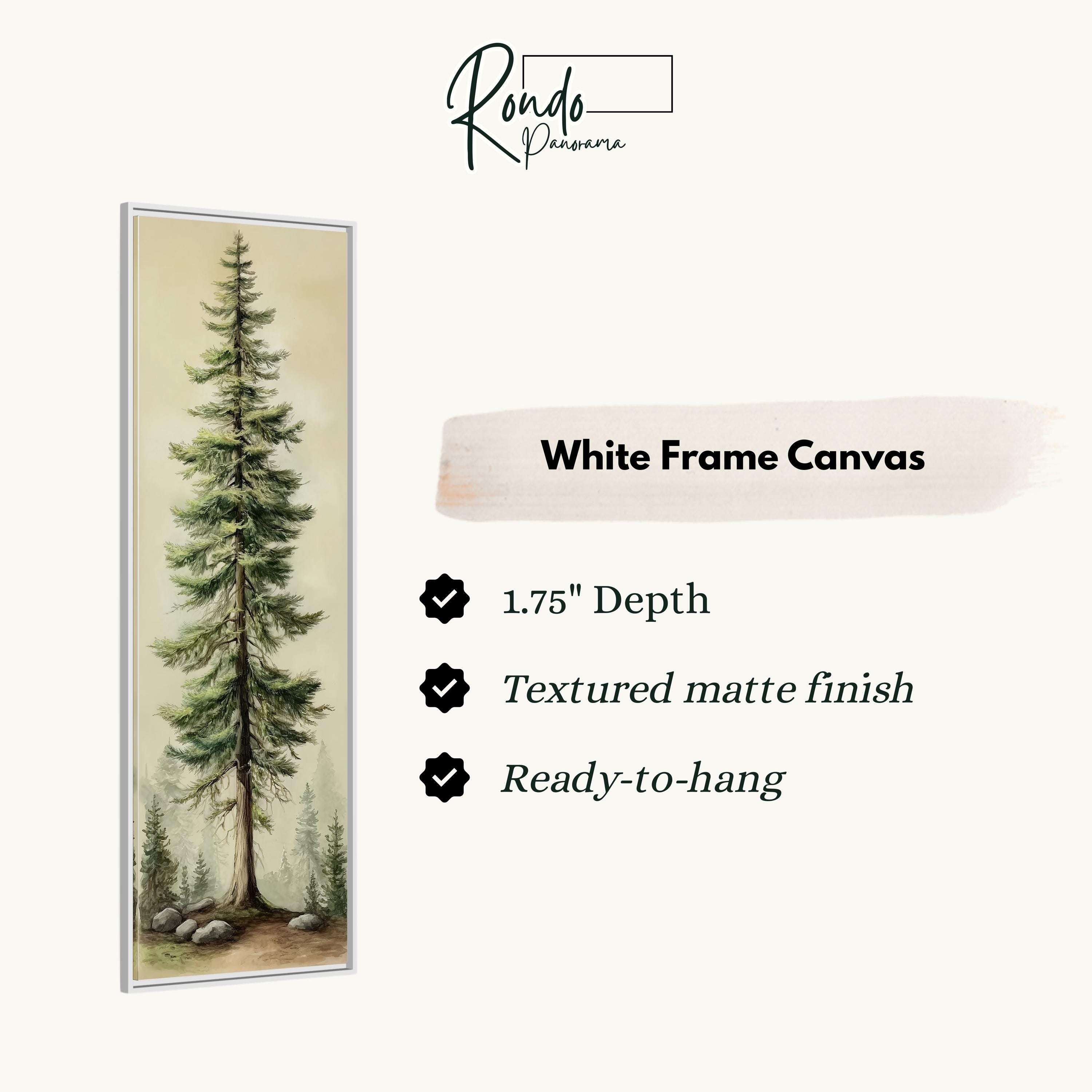 The image is a white frame canvas depicting a tall pine tree with a forest scene.