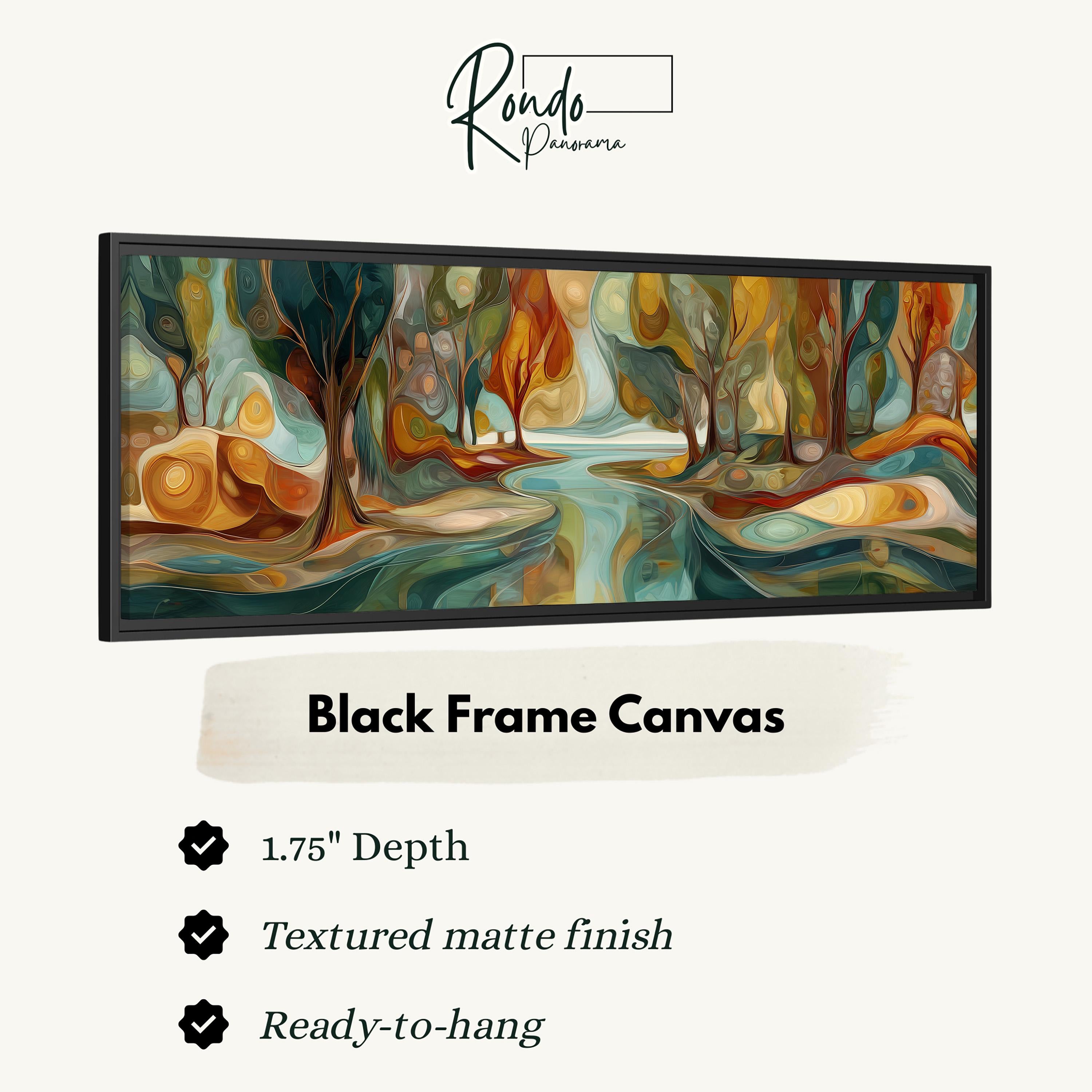 The image is a black frame canvas with a landscape painting depicting a forest scene.