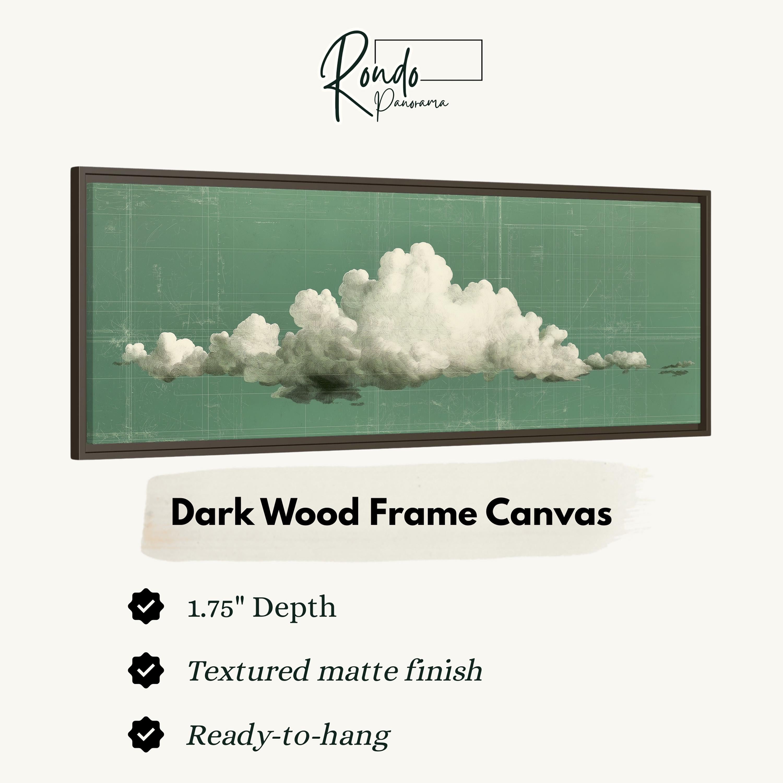 The image is a framed artwork depicting a large cloud in a dark wood frame.