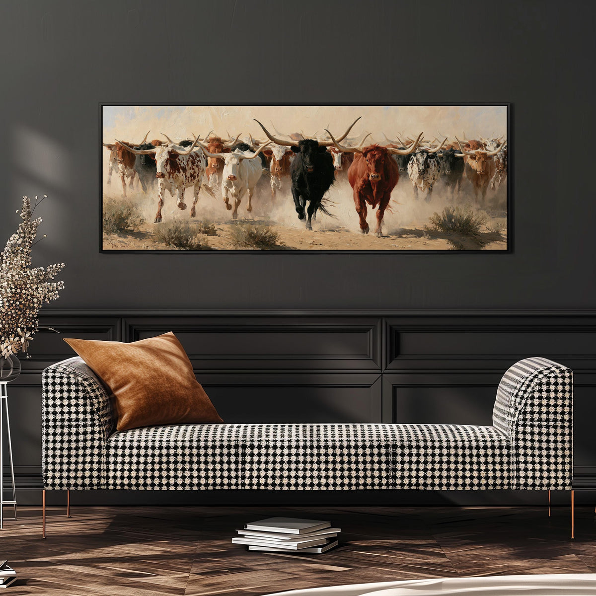 Longhorn cattle stampede wide panoramic canvas print above a bench in a dark living room