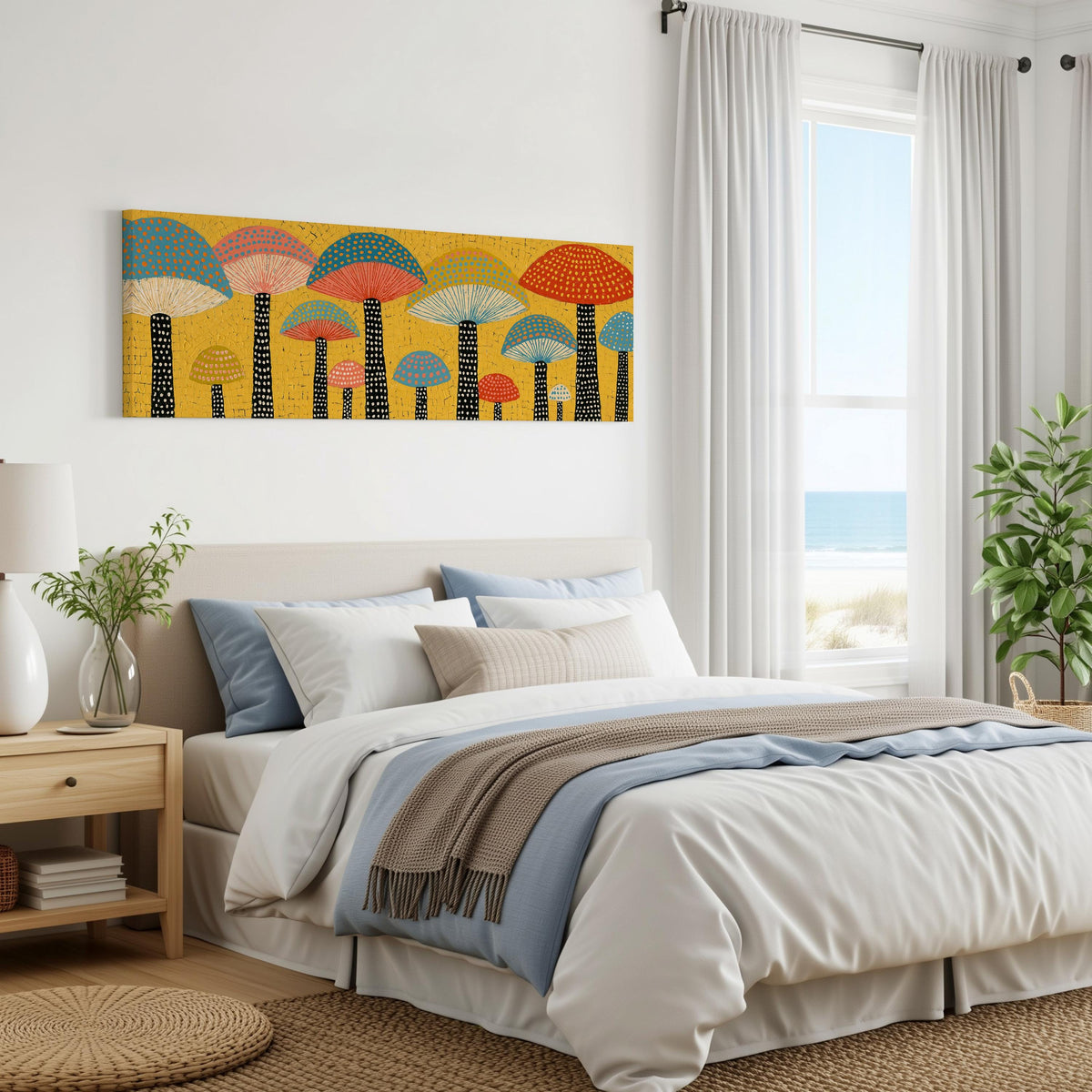 Golden mushroom parade panoramic canvas print above a bed in a coastal bedroom