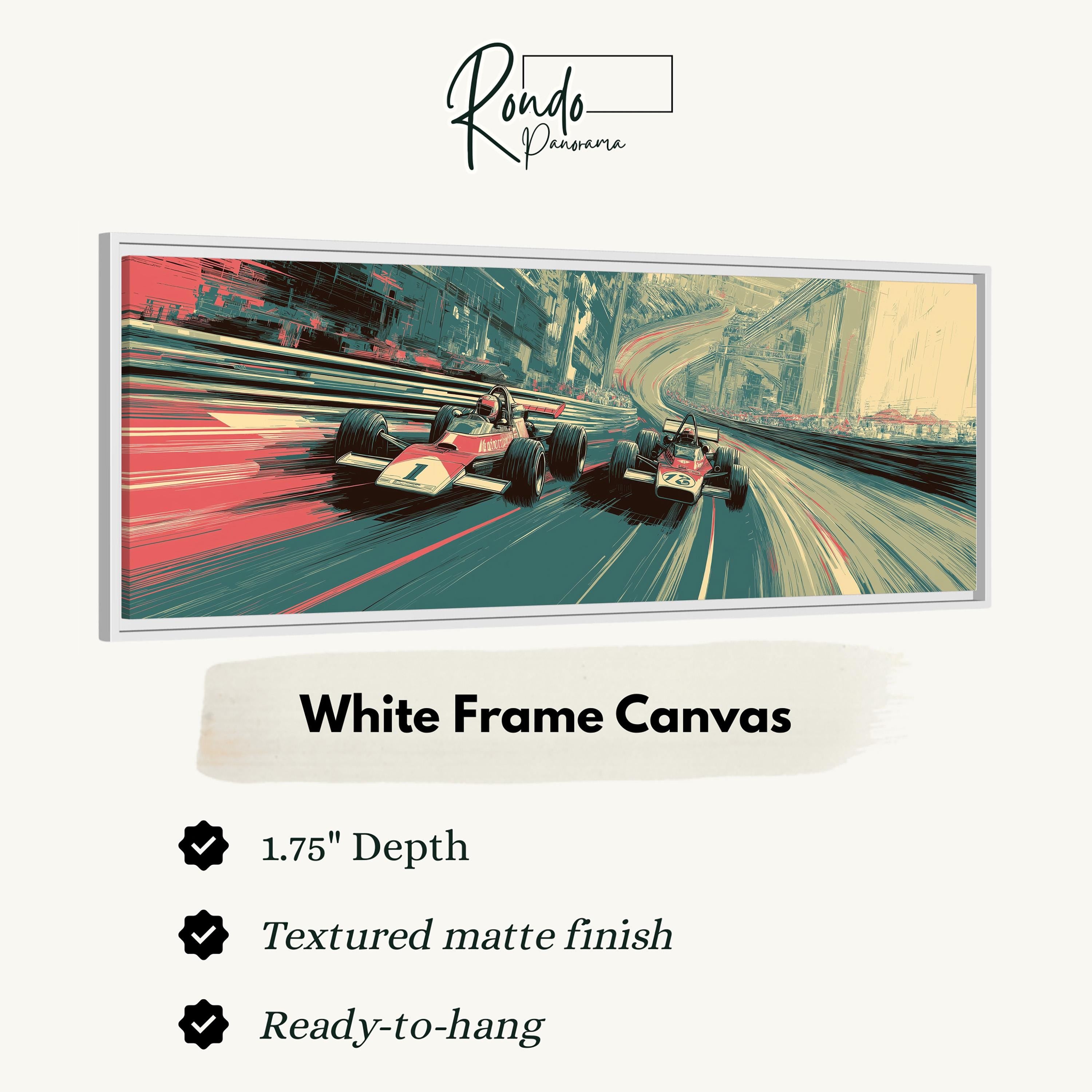 The image is a framed artwork depicting two Formula One race cars speeding down a curvy track.