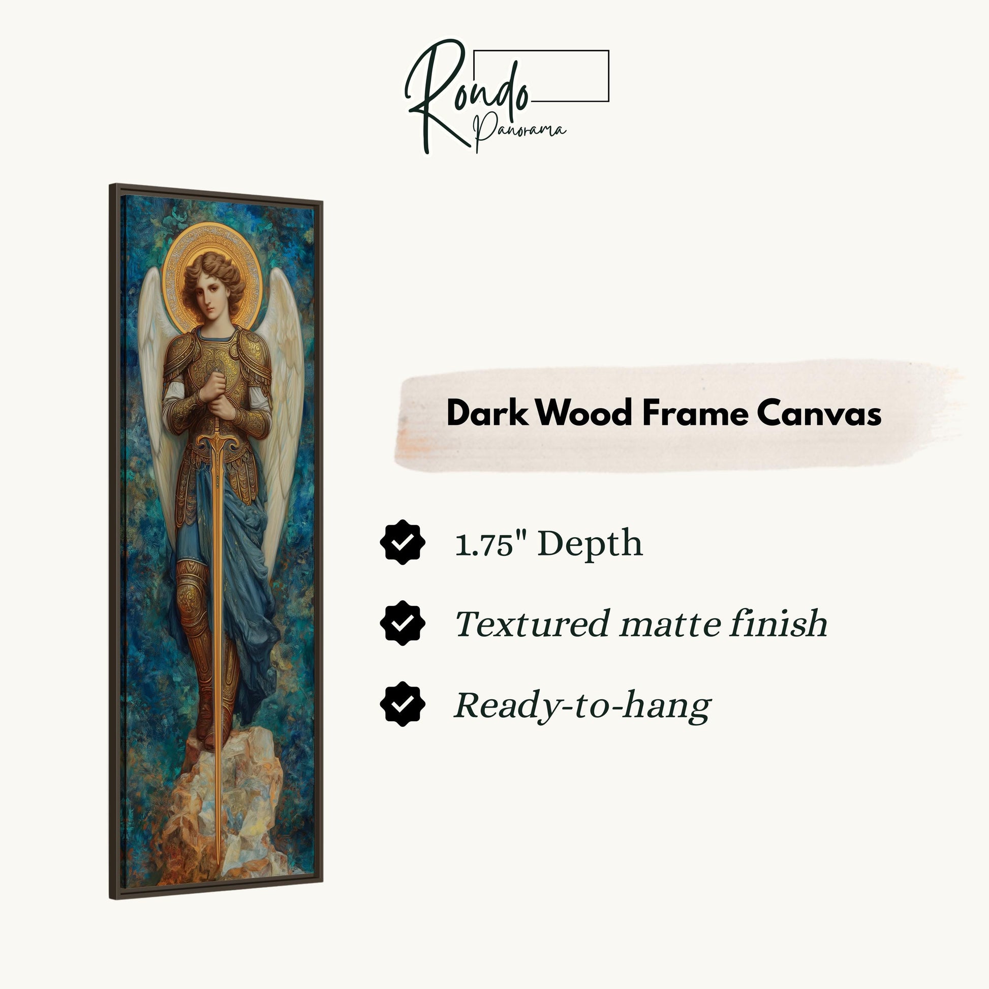 The image is a dark wood frame canvas depicting a woman with wings, standing on a rock.