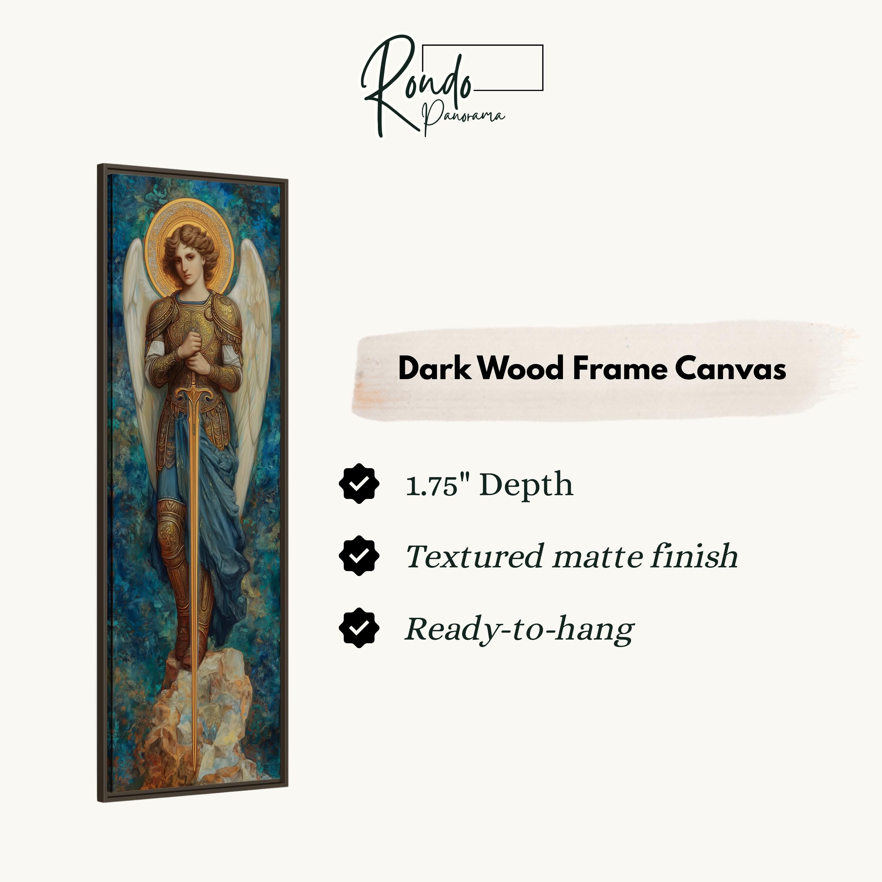 The image is a dark wood frame canvas depicting a woman with wings, standing on a rock.