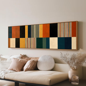 Autumn and teal stripe color blocks long horizontal canvas print above a sofa in a living room