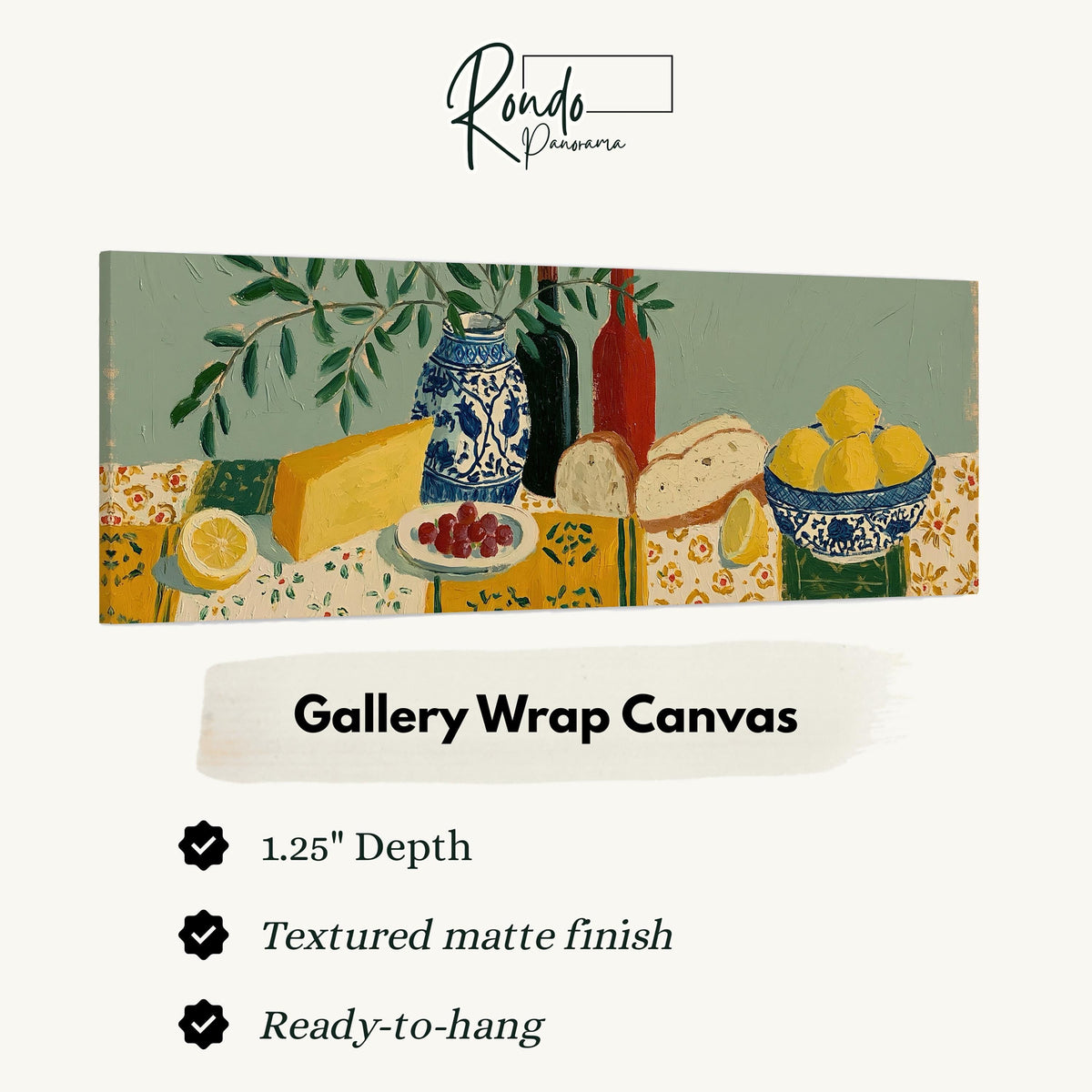 Cheese, wine and lemon spread gallery wrap canvas with the image wrapped around the edges