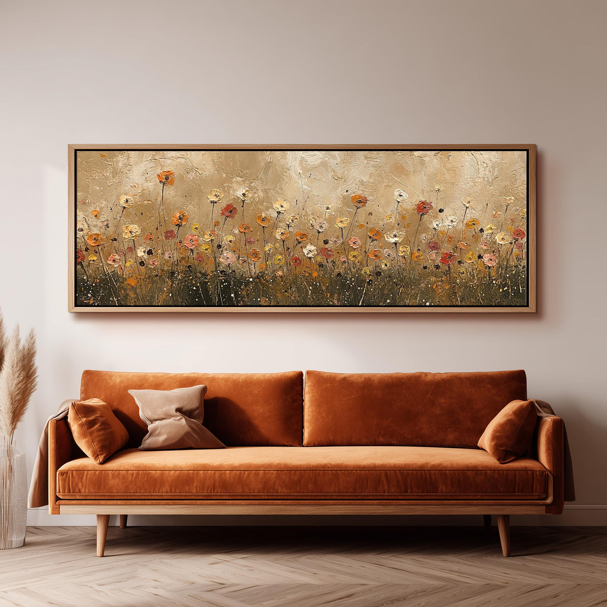 Golden wildflower field wide panoramic canvas print above a bench in a dark living room
