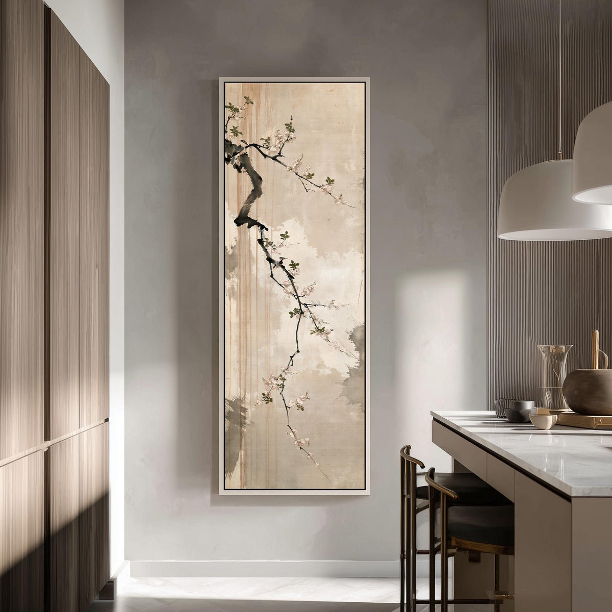 Small birds on a cherry blossom branch tall skinny canvas print in a modern kitchen