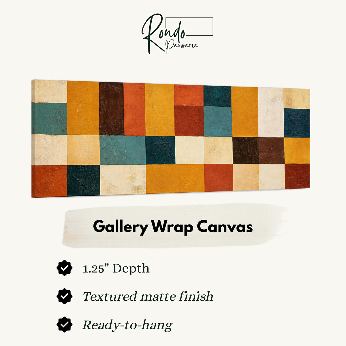 Ochre, rust and teal patchwork blocks gallery wrap canvas with the image wrapped around the edges