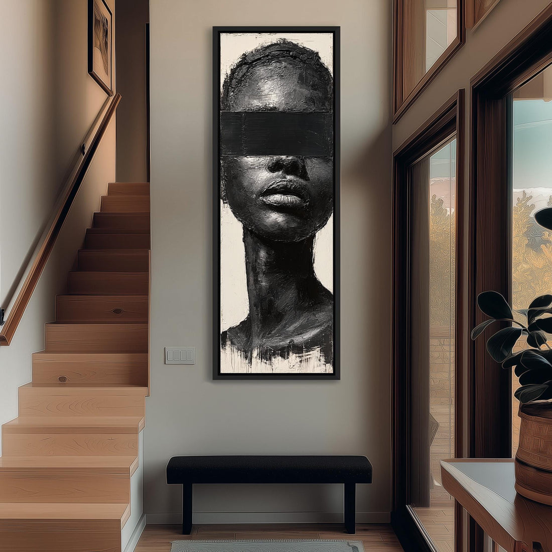 a large black and white portrait of a woman's face, hanging on a wall in a room with a wooden cabinet below it.