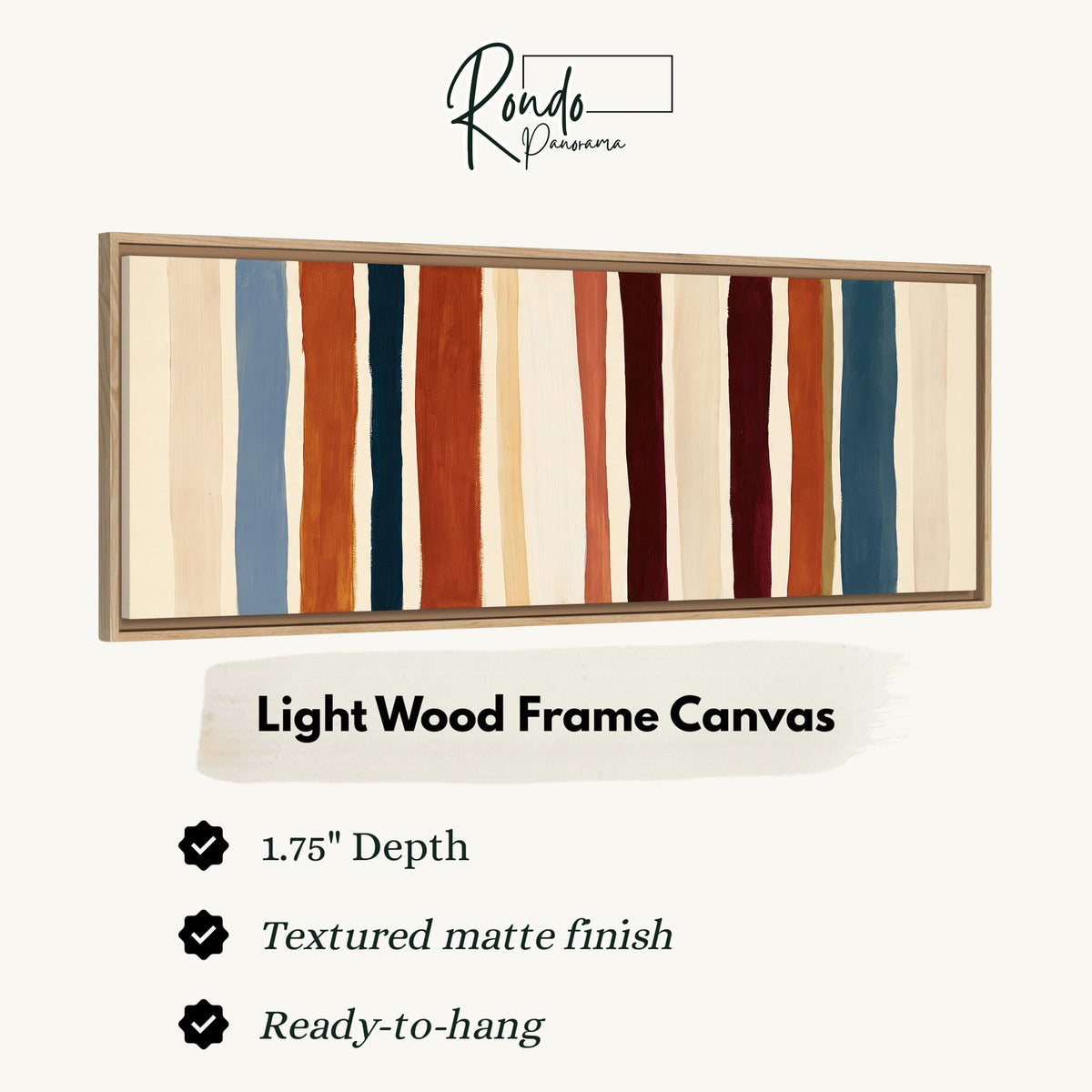 Rust, navy and maroon stripes canvas print in a light wood floating frame