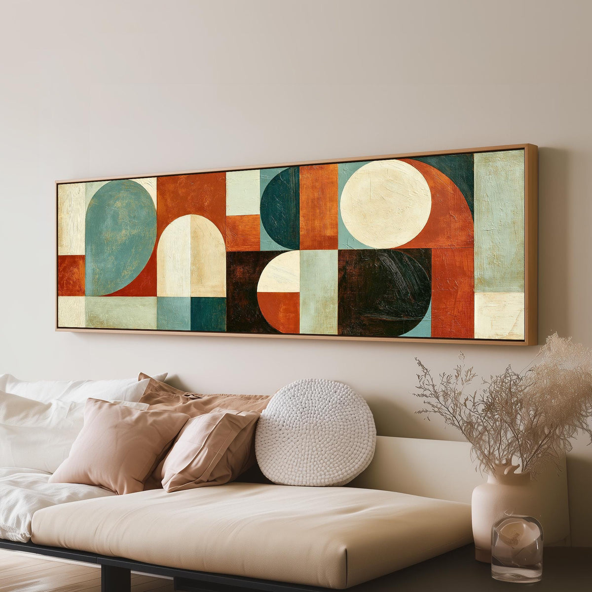 Teal and rust arch and circle shapes long horizontal canvas print above a sofa in a living room