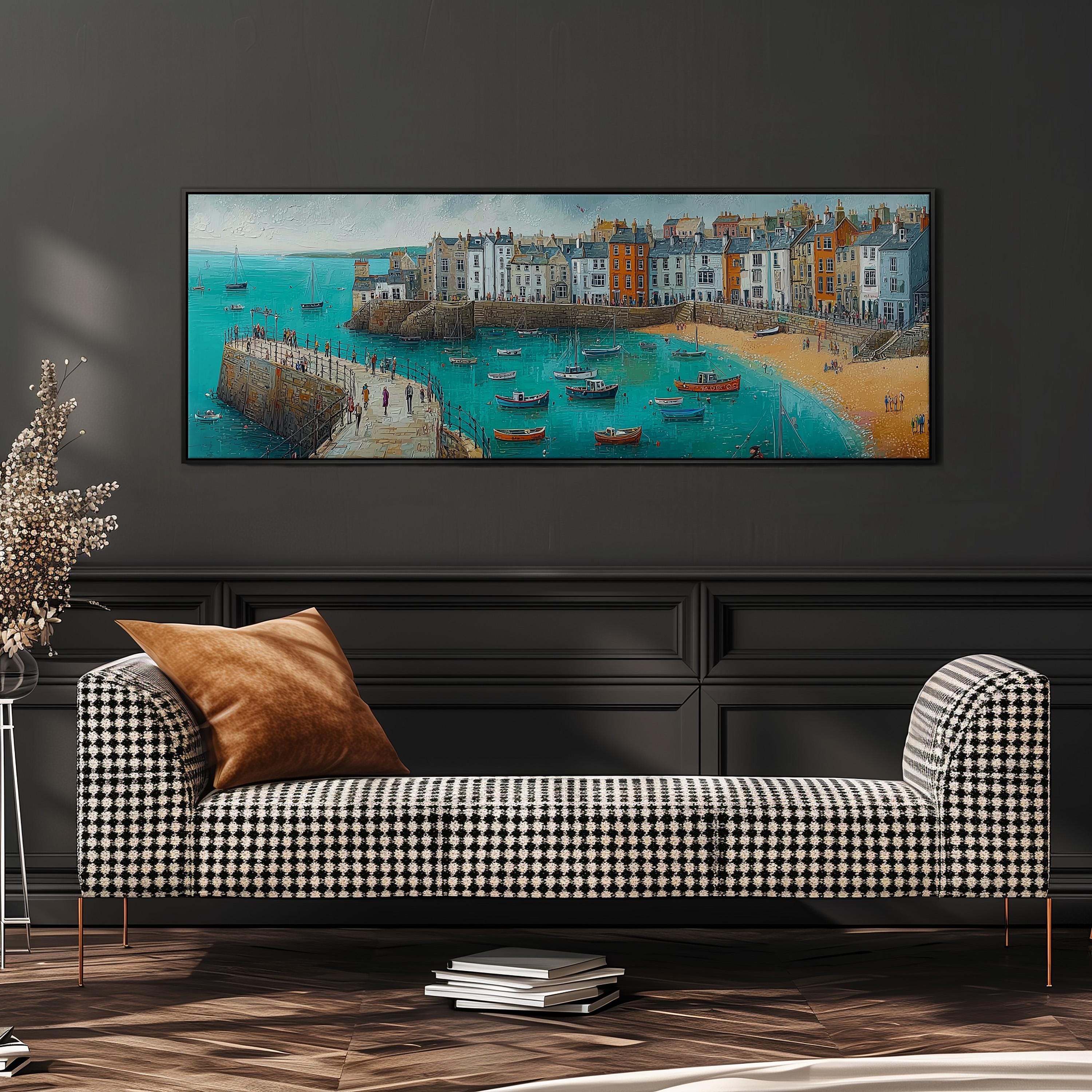 a large painting of a coastal town with boats on the water, hanging on a wall above a black and white checkered sofa.