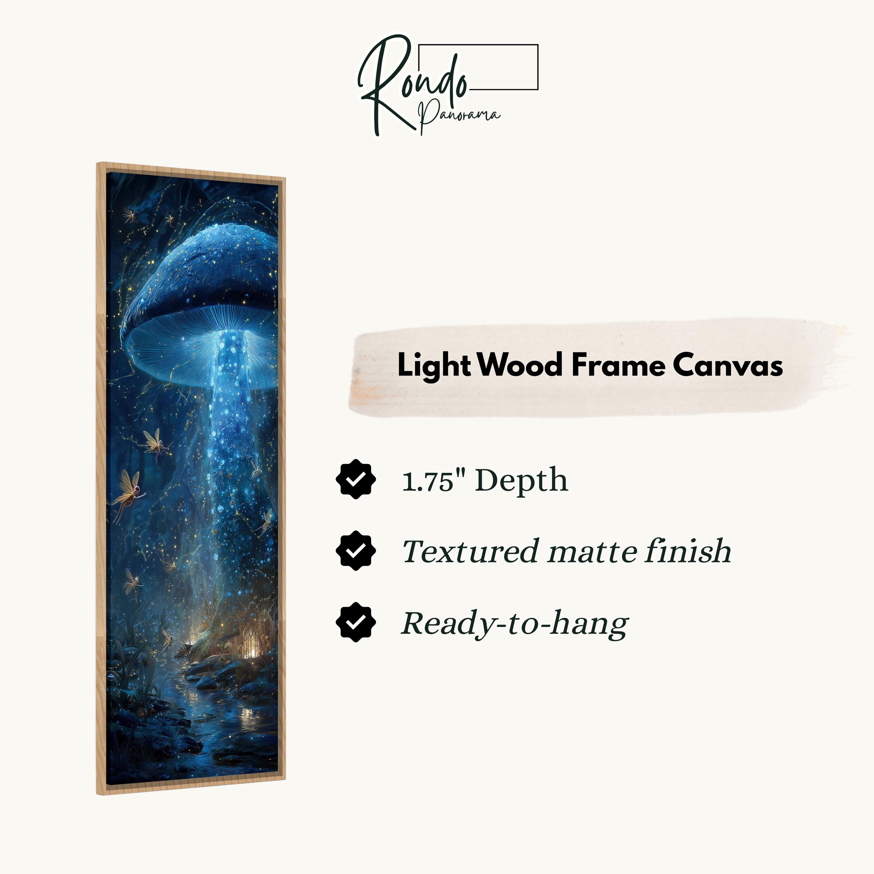 The image is a framed artwork depicting a mushroom-like creature with glowing blue and purple elements, set against a dark, starry background.