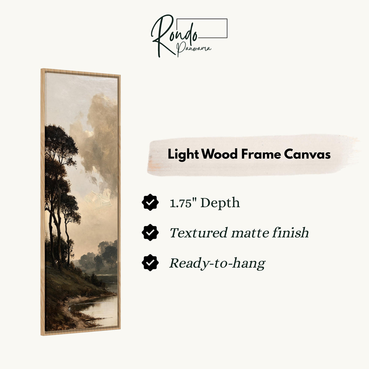 Dark trees by a misty lake in golden brown tones canvas print in a light wood floating frame