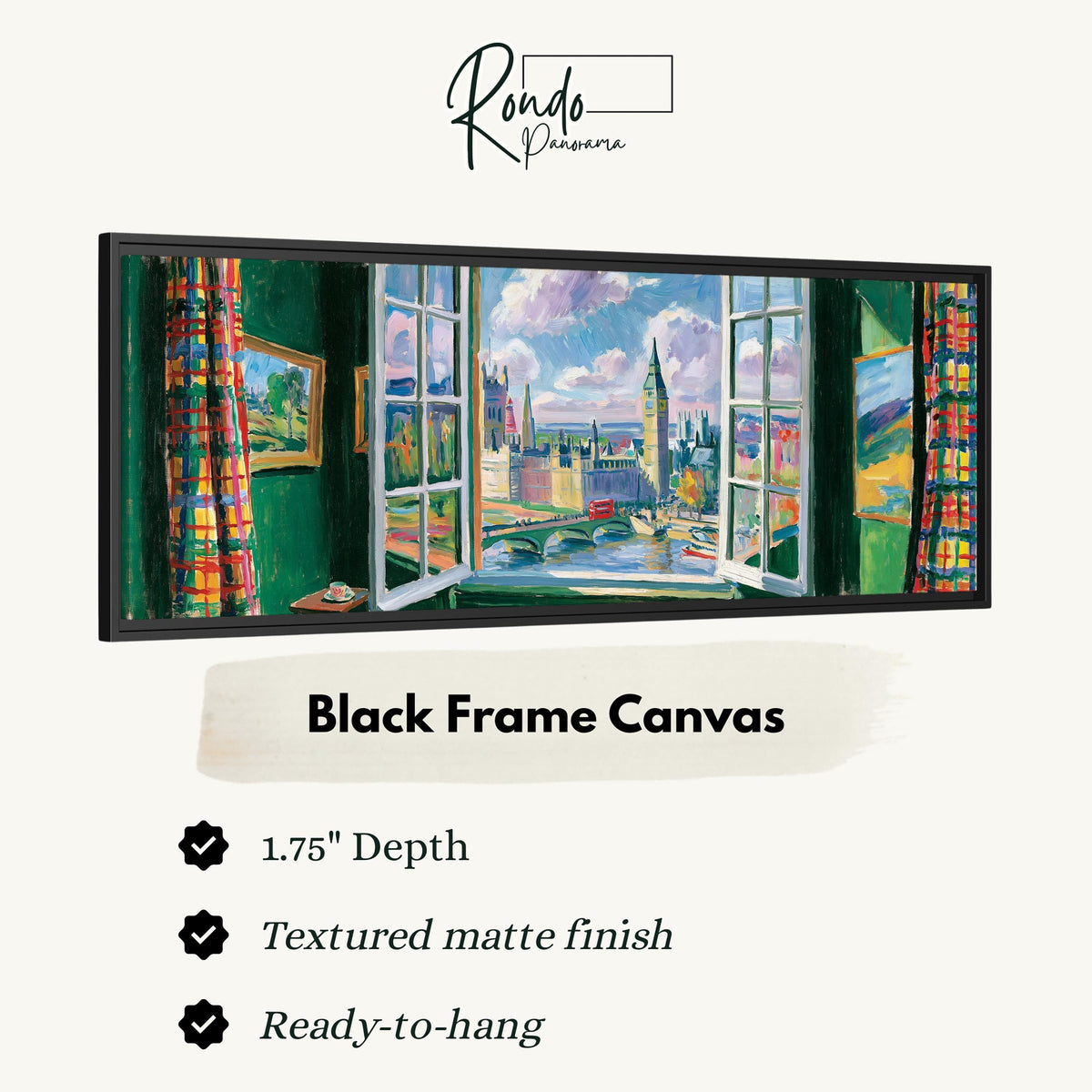 London and Big Ben through a green room window canvas print in a black floating frame