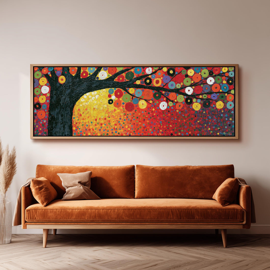 Amber tree of life in a Klimt style long horizontal canvas print above a sofa in a living room