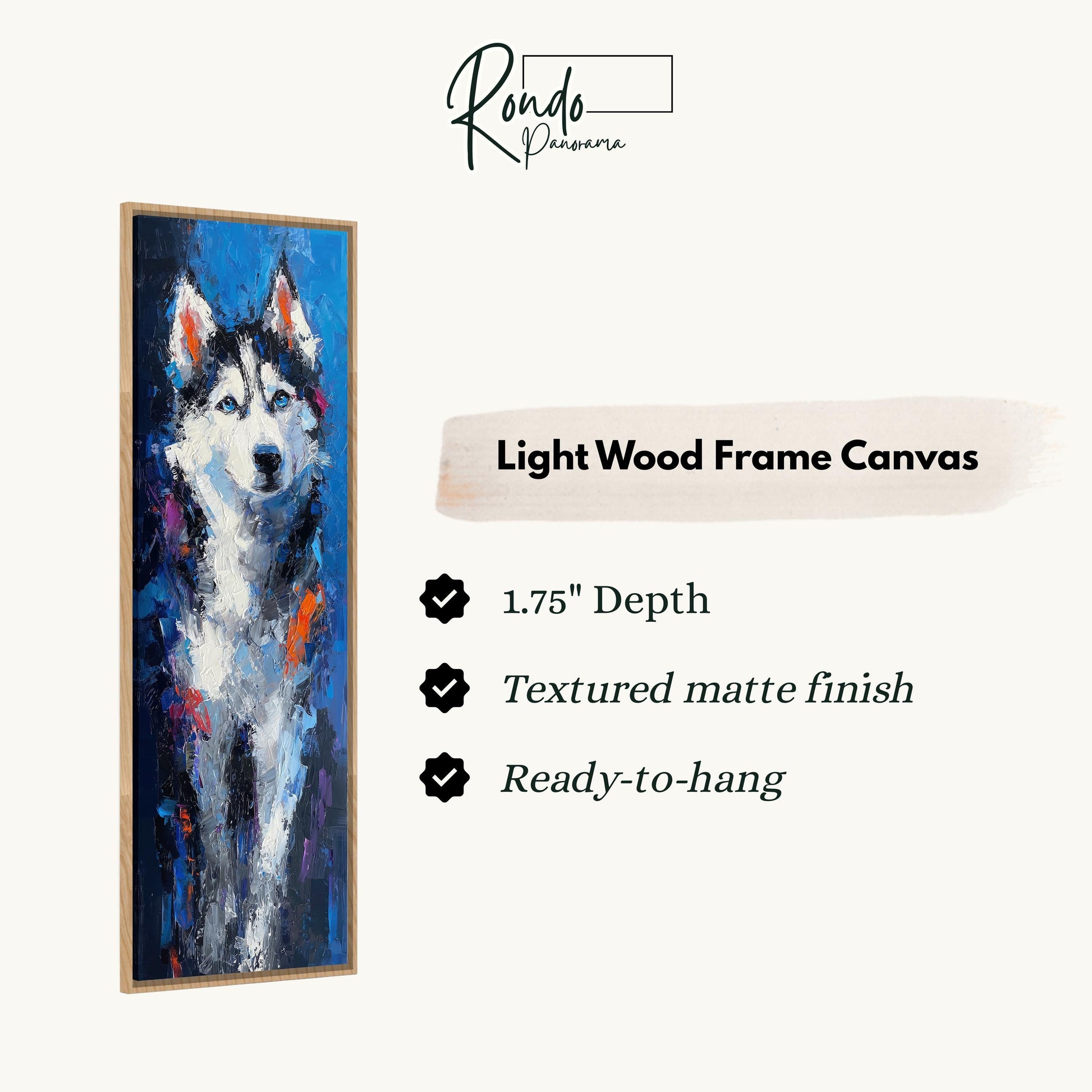 The image is a light wood frame canvas featuring a painting of a husky dog.