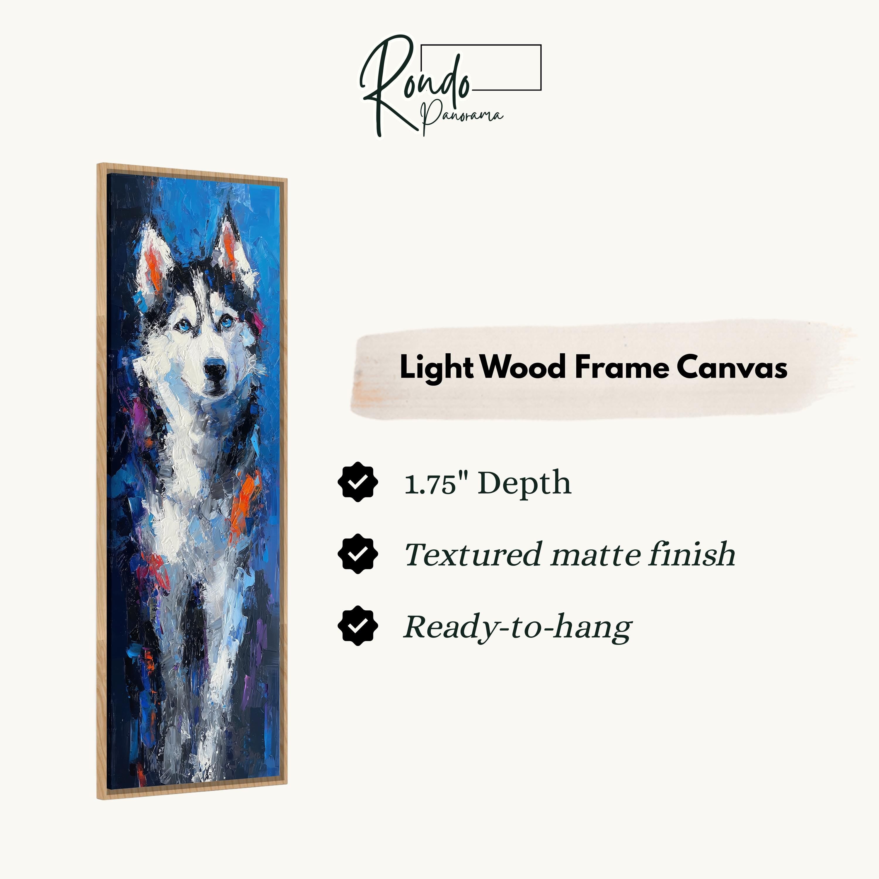 The image is a light wood frame canvas featuring a painting of a husky dog.