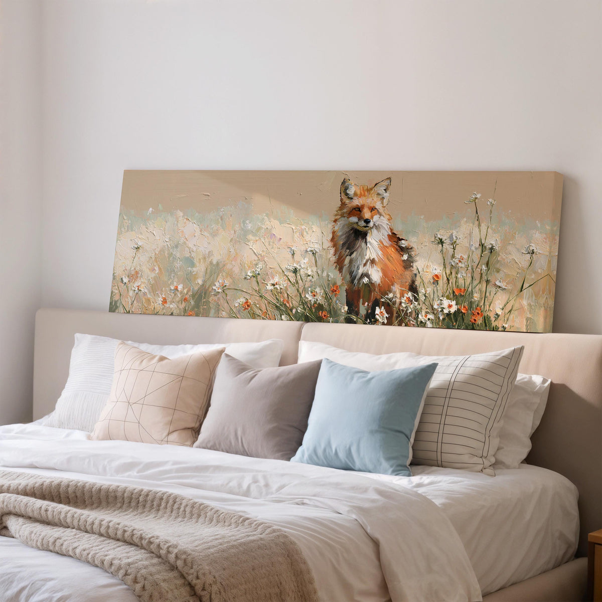 Red fox sitting among white wildflowers wide panoramic canvas print above a bed in a bedroom