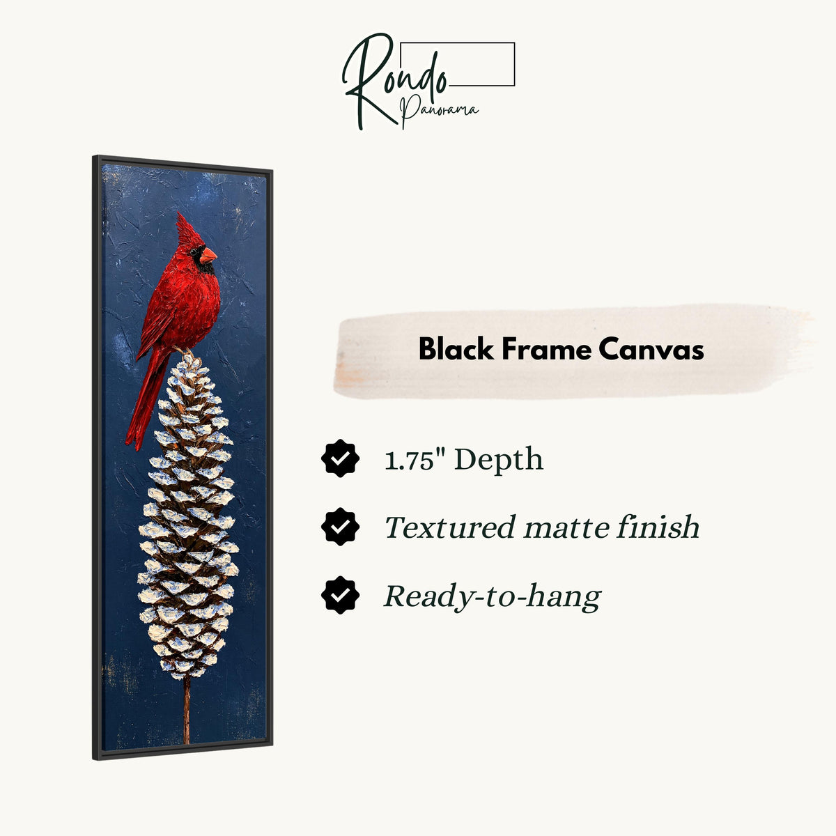 Red cardinal perched on a snowy pinecone canvas print in a black floating frame