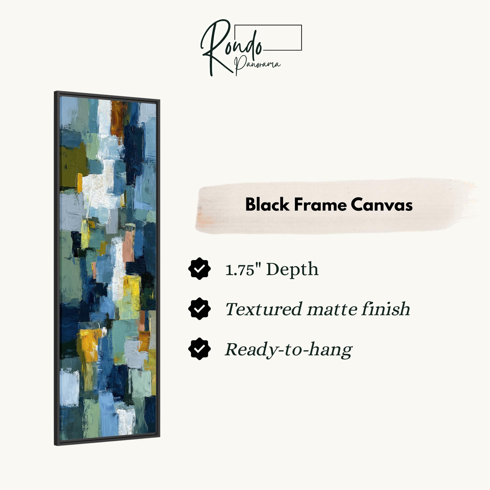 The image is a product advertisement for a black frame canvas. It features a vertical painting with a textured finish and a depth of 1.75 inches. The product is described as "Ready-to-hang" and has a "Textured matte finish".