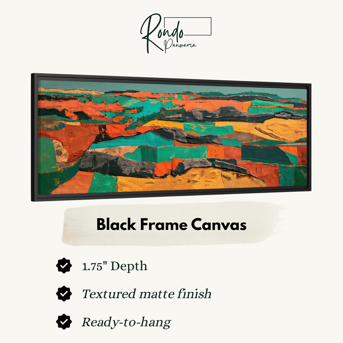 Abstract patchwork terrain in orange and teal canvas print in a black floating frame