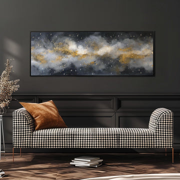 a black and white checkered sofa with a brown throw pillow, set against a dark wall with a large framed artwork depicting a starry night sky above.