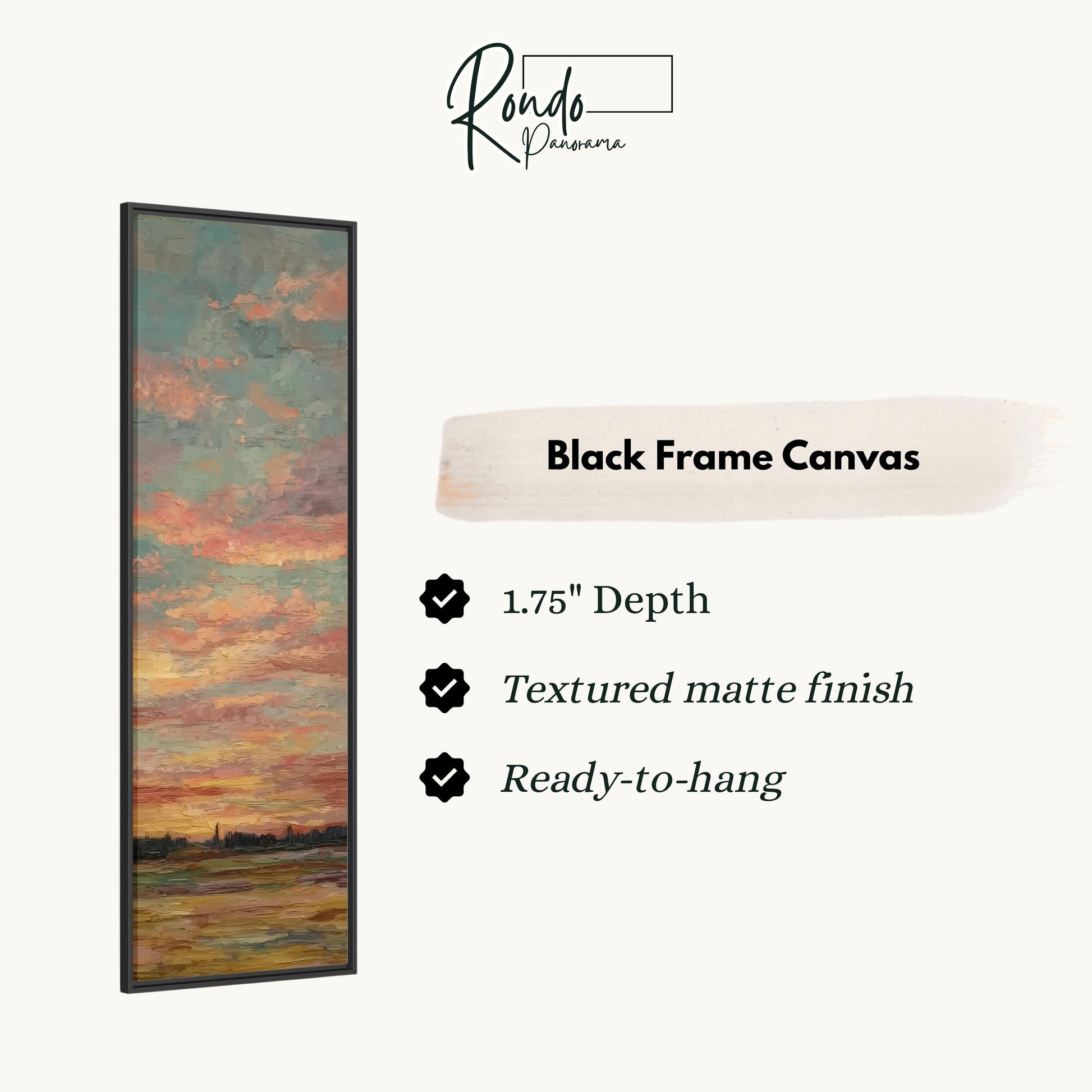 The image is a black frame canvas with a painting of a sunset landscape.