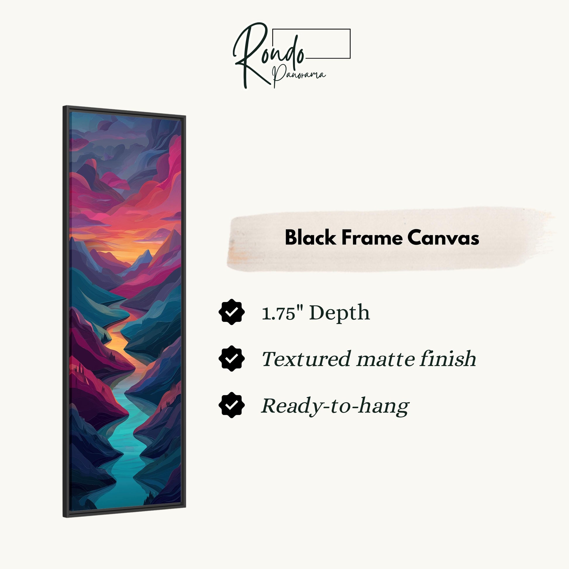 The image is a black frame canvas with a vibrant, colorful mountain landscape.