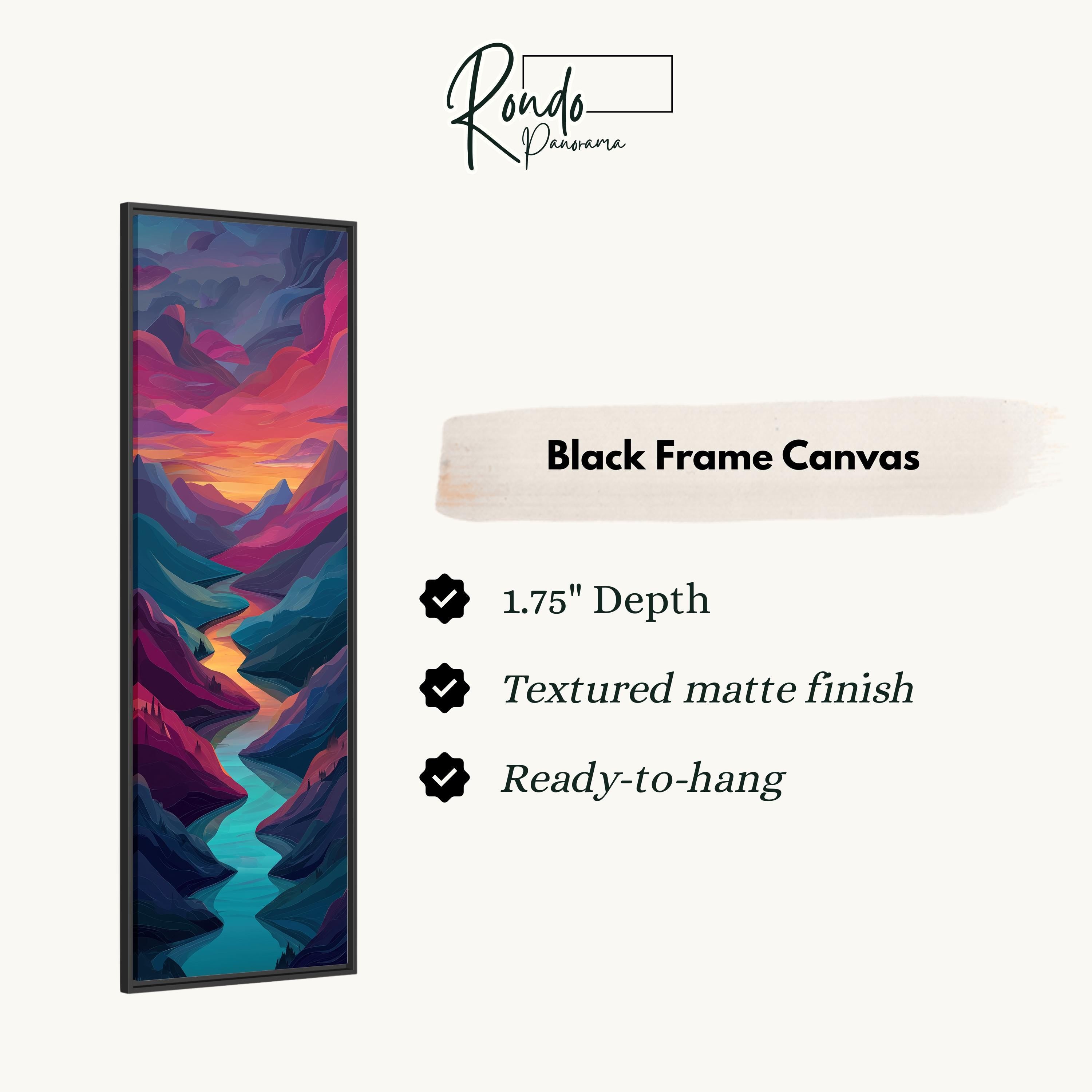 The image is a black frame canvas with a vibrant, colorful mountain landscape.