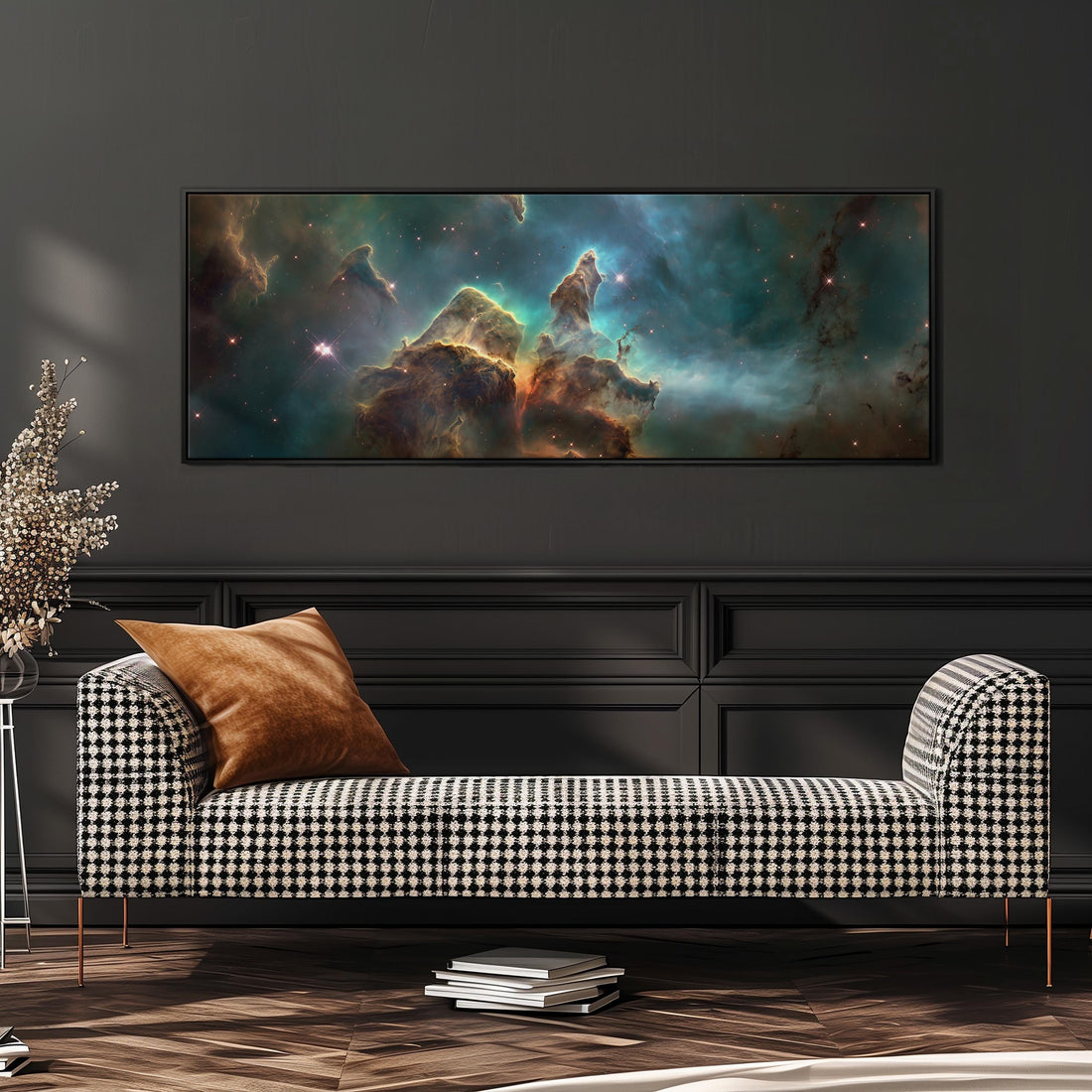 a large, framed painting of a nebula hanging on a wall above a brown sofa.