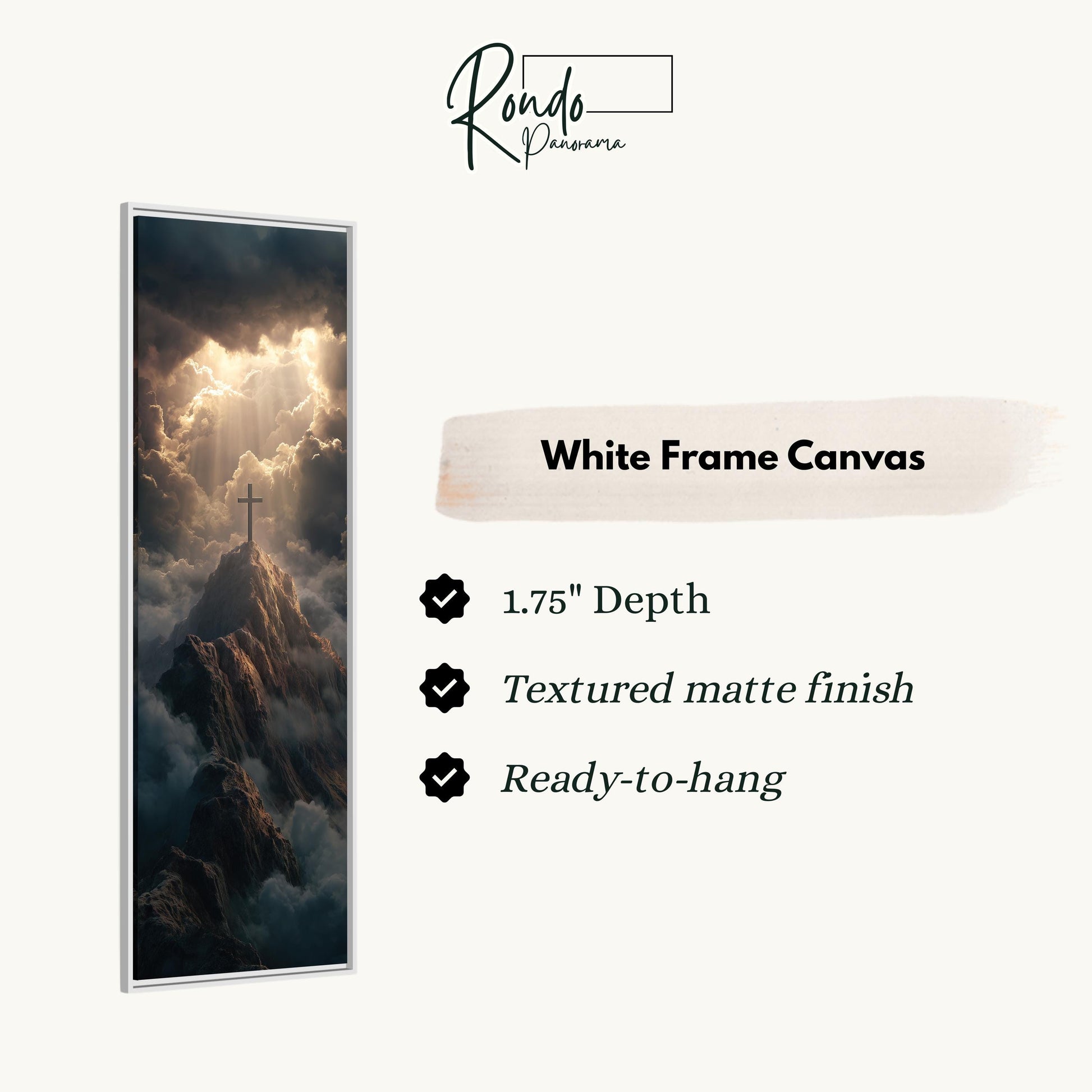 The image is a white frame canvas depicting a dramatic landscape with a cross on a mountain peak, surrounded by clouds and sunlight.