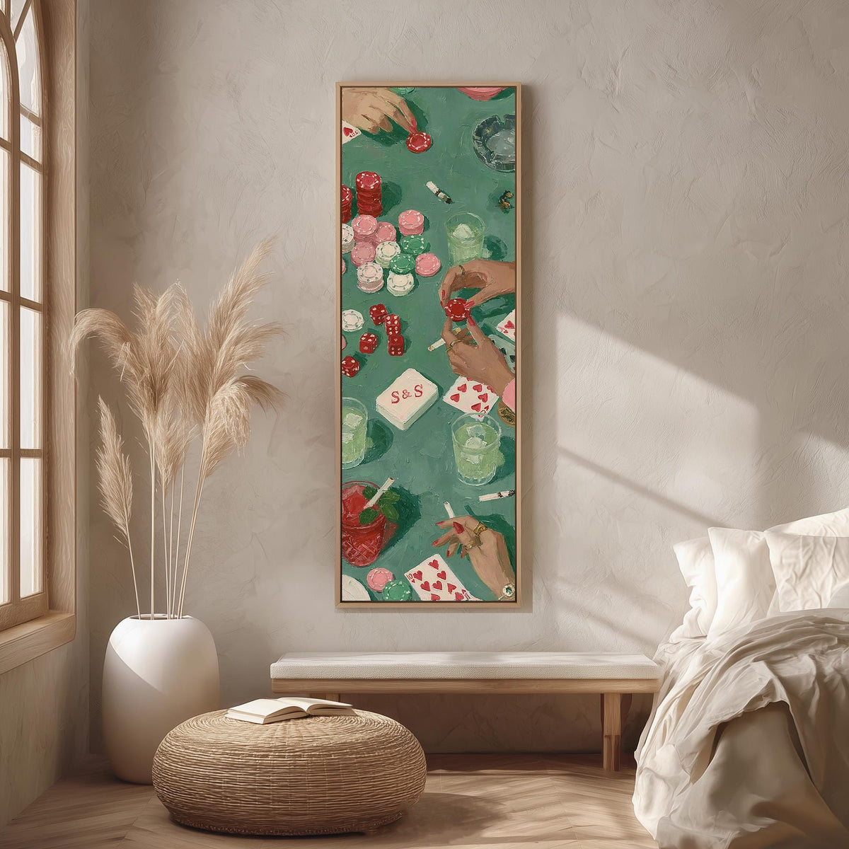 Poker table with chips, cards and dice long vertical canvas print in a bright reading corner