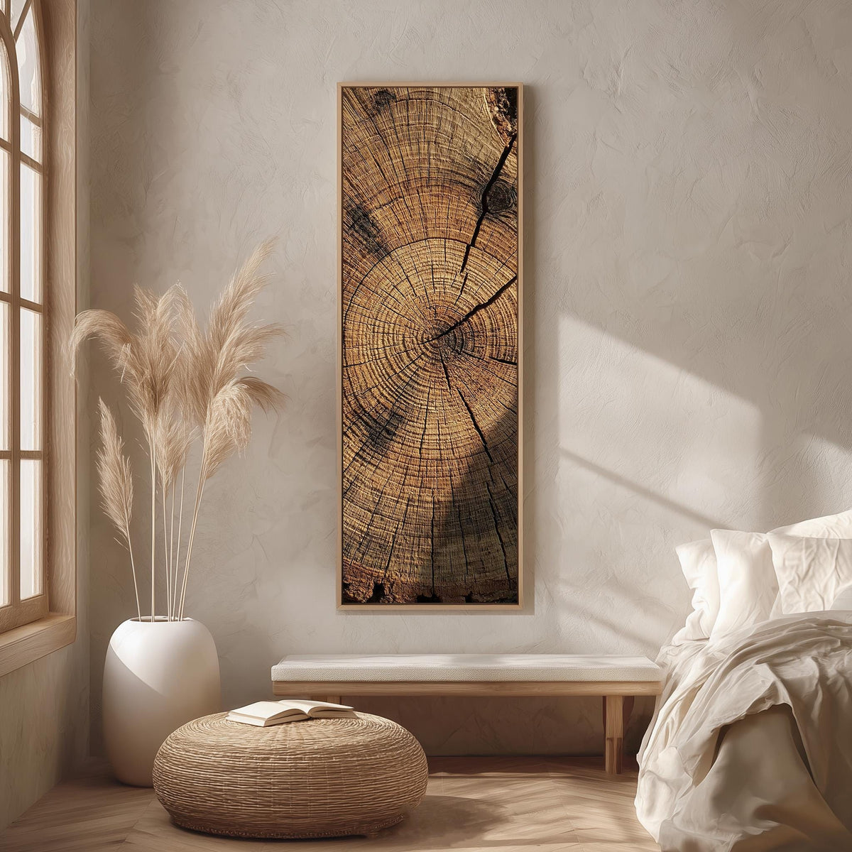 Weathered tree rings long vertical canvas print in a bright reading corner