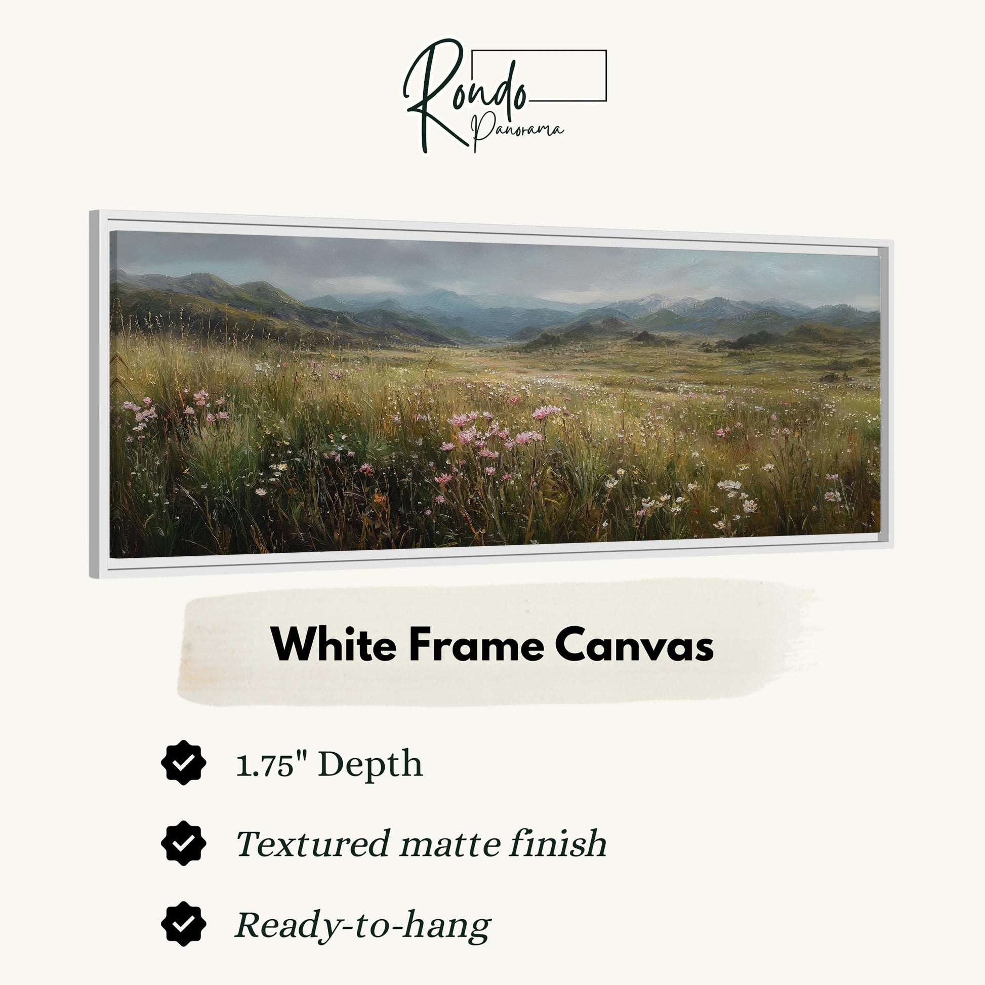 The image is a white frame canvas depicting a serene landscape with a field of flowers and mountains in the background.