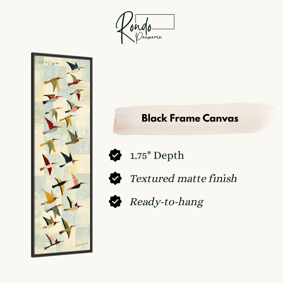 Collage of colorful birds in flight canvas print in a black floating frame