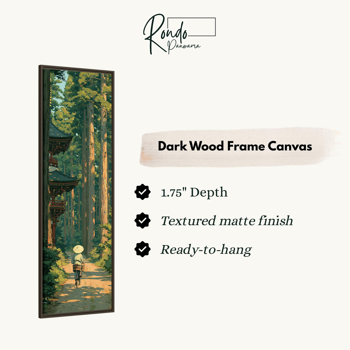 Walker on a cedar forest path by a pagoda canvas print in a dark wood floating frame